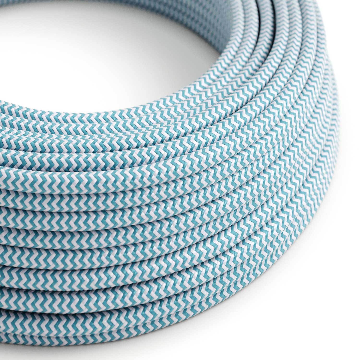 Cloth Covered Wire in glossy Cyan Blue and Pure White ZigZag - The Original Creative Cables, great for your lamps - RZ11