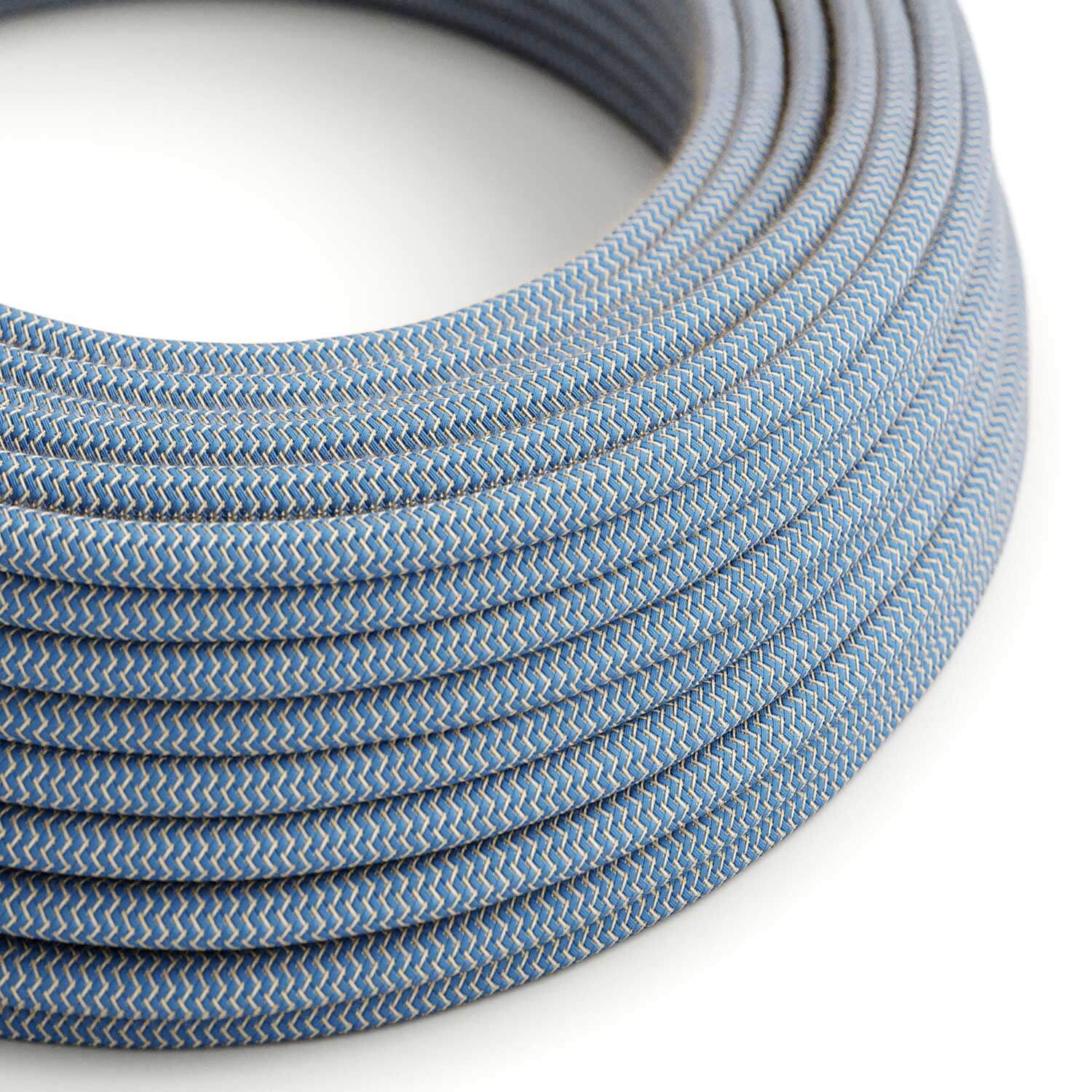 Cloth Covered Wire in Blue Steward and Beige ZigZag Fabric - The Original Creative Cables, for decorative lighting - RD75