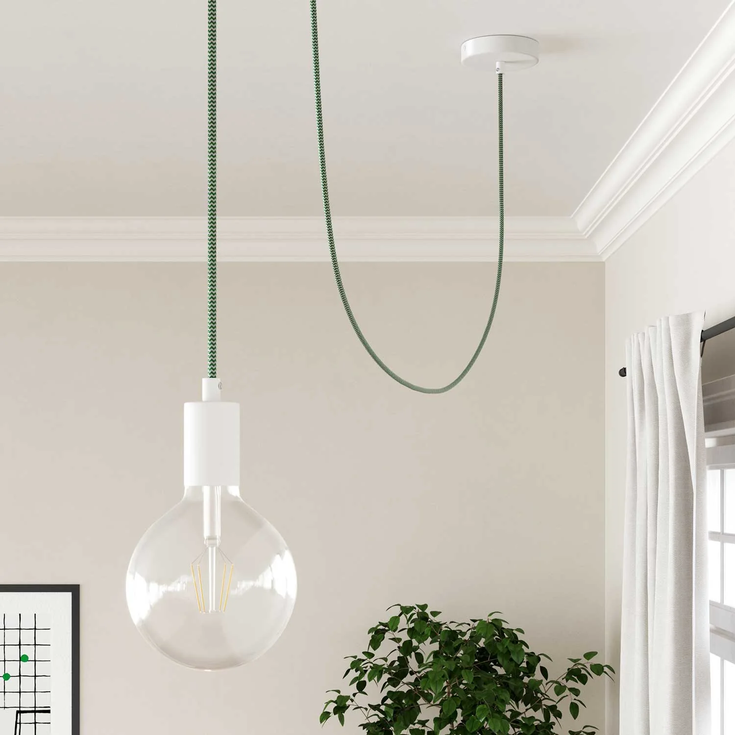 Cloth Covered Wire covered in fabric, Meadow Green and Pure White ZigZag - The Original Creative Cables, for your lamps - RZ06 - Image 4