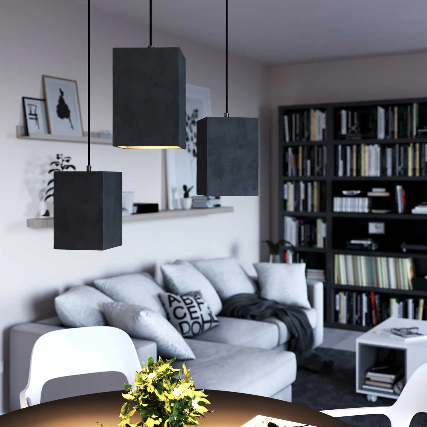 Cube cement pendant lampshade with cable clamp and E26 socket - Dark Cement - Image 2