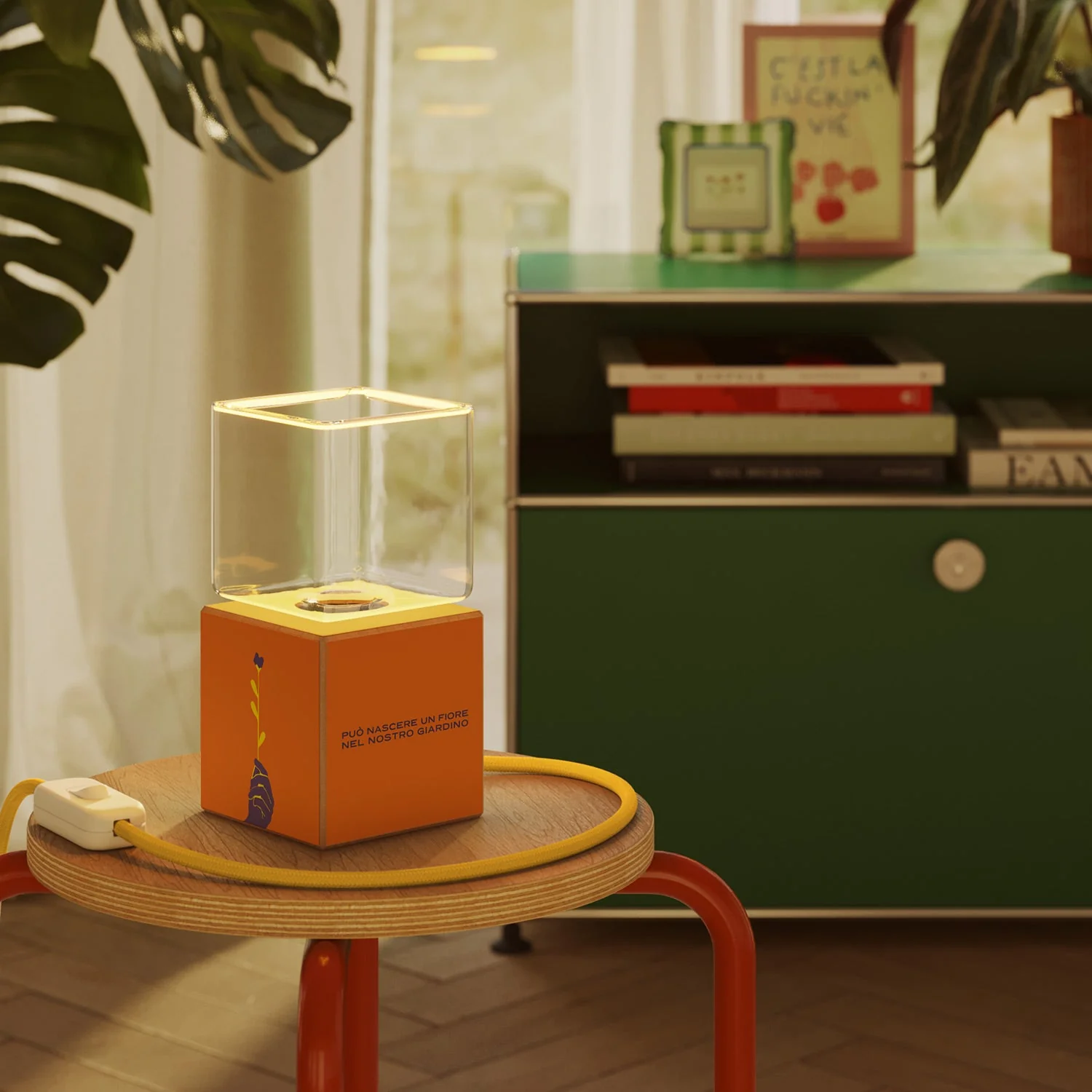 Cubetto table lamp with US plug, "Può nascere un fiore" Ghost bulb - Santomanifesto - Image 2