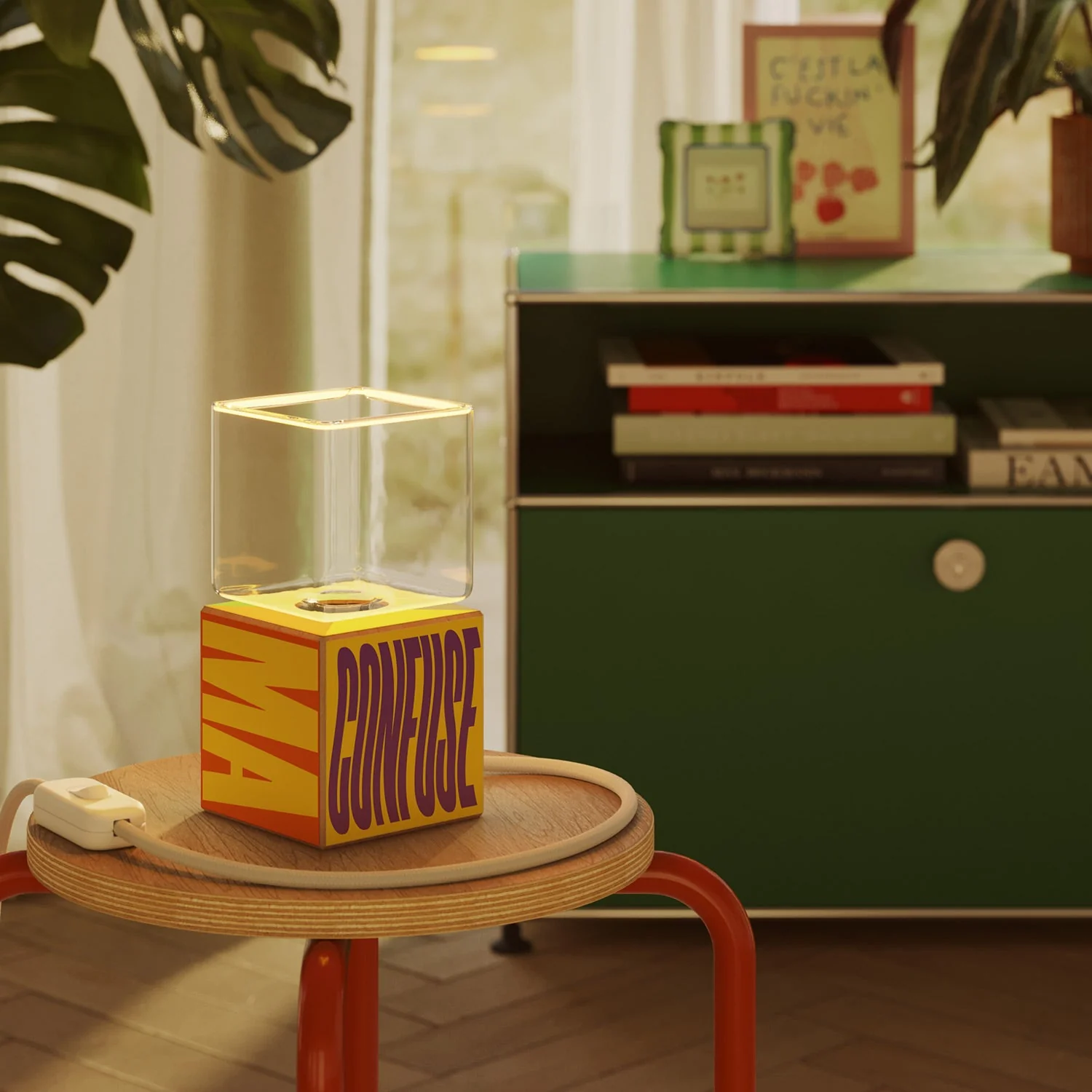 Cubetto table lamp with US plug, "Poche idee ma confuse" Ghost bulb - Santomanifesto - Image 2