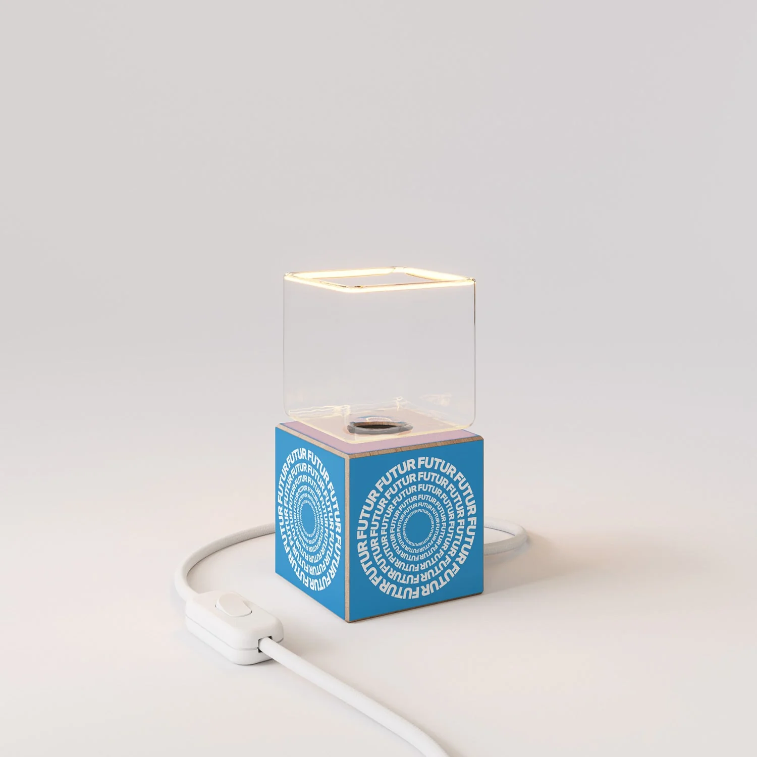 Cubetto table lamp with US plug, "Futur" Ghost bulb - Futur Festival