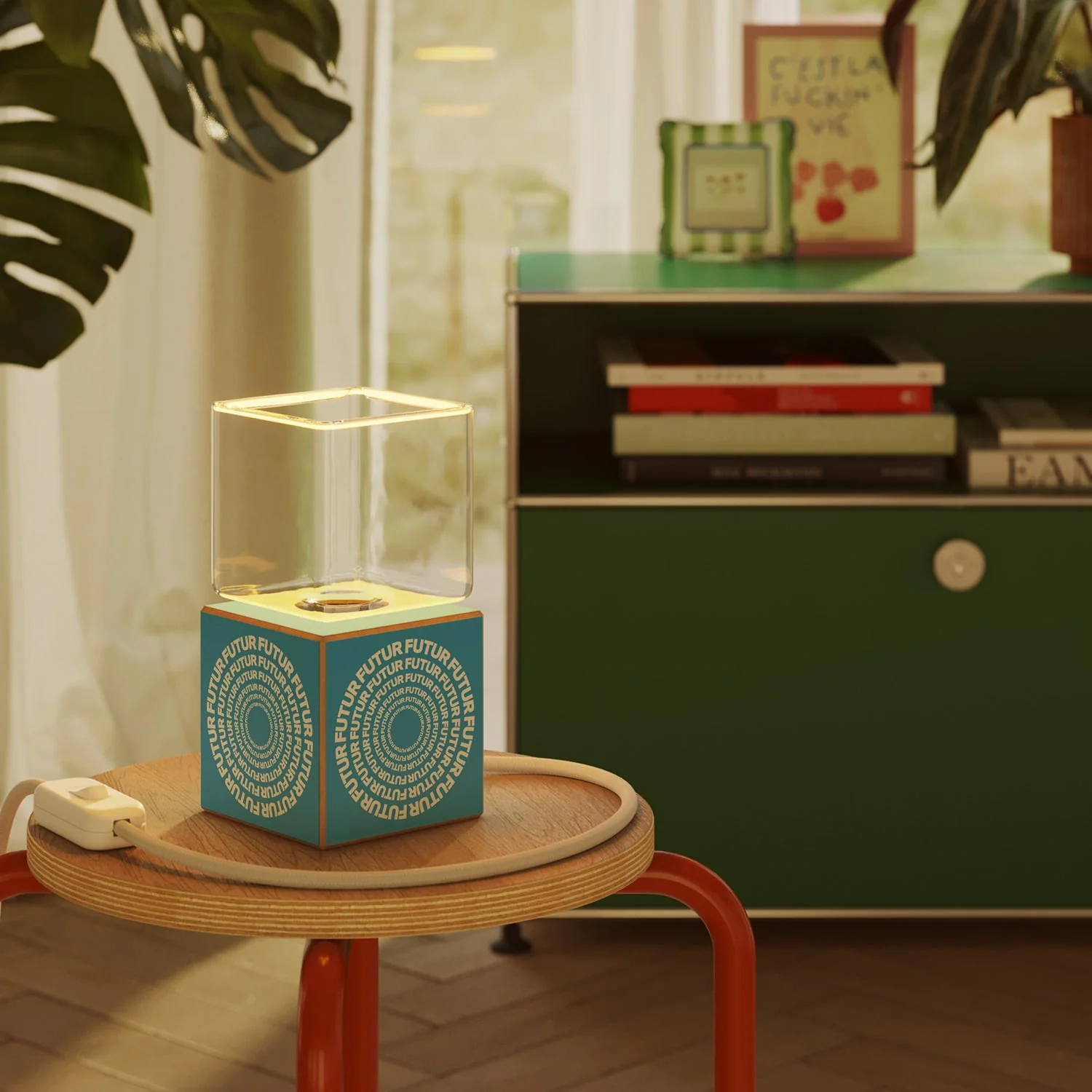 Cubetto table lamp with US plug, "Futur" Ghost bulb - Futur Festival - Image 2