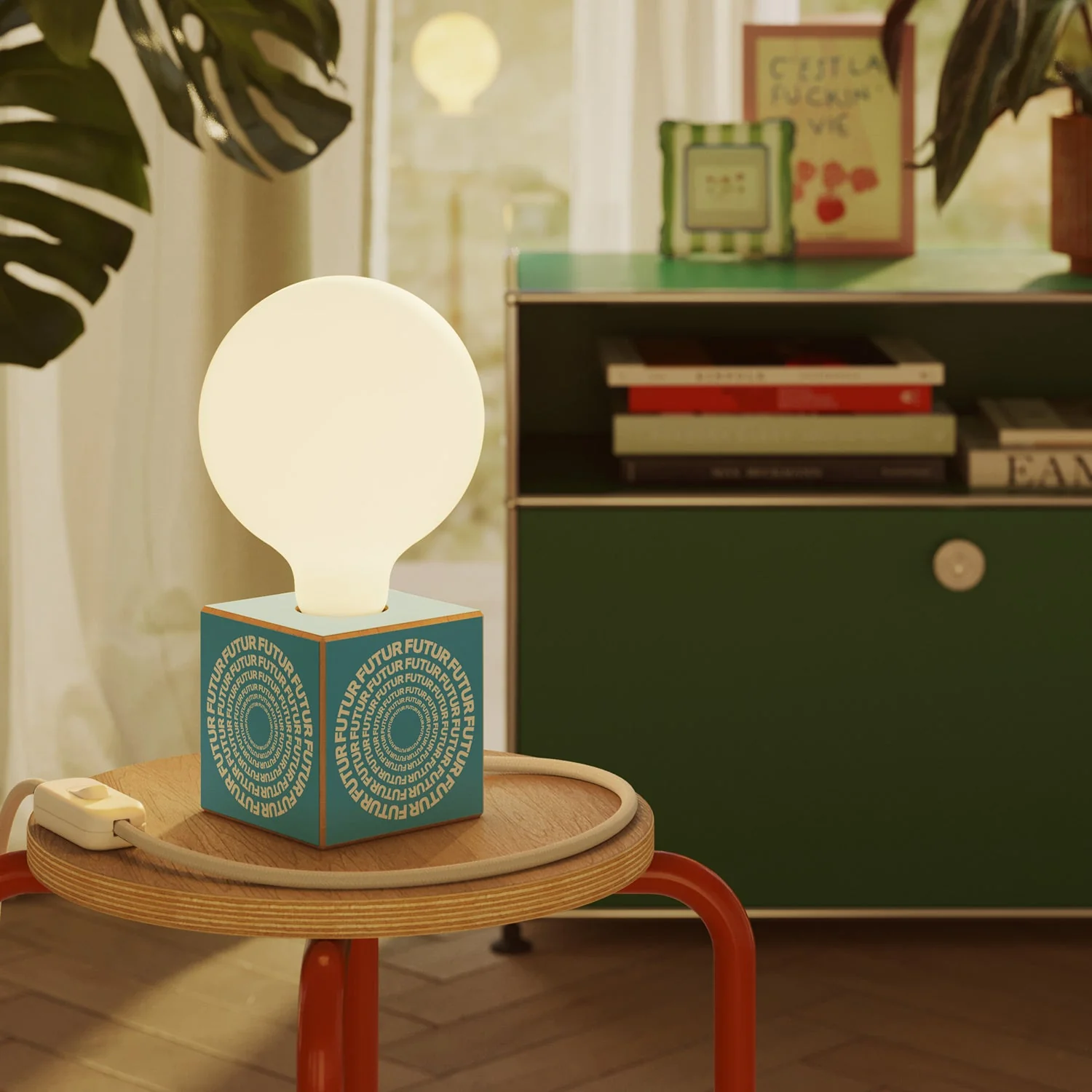 Cubetto table lamp with US plug, "Futur" porcelain effect globe bulb - Futur festival - Image 2