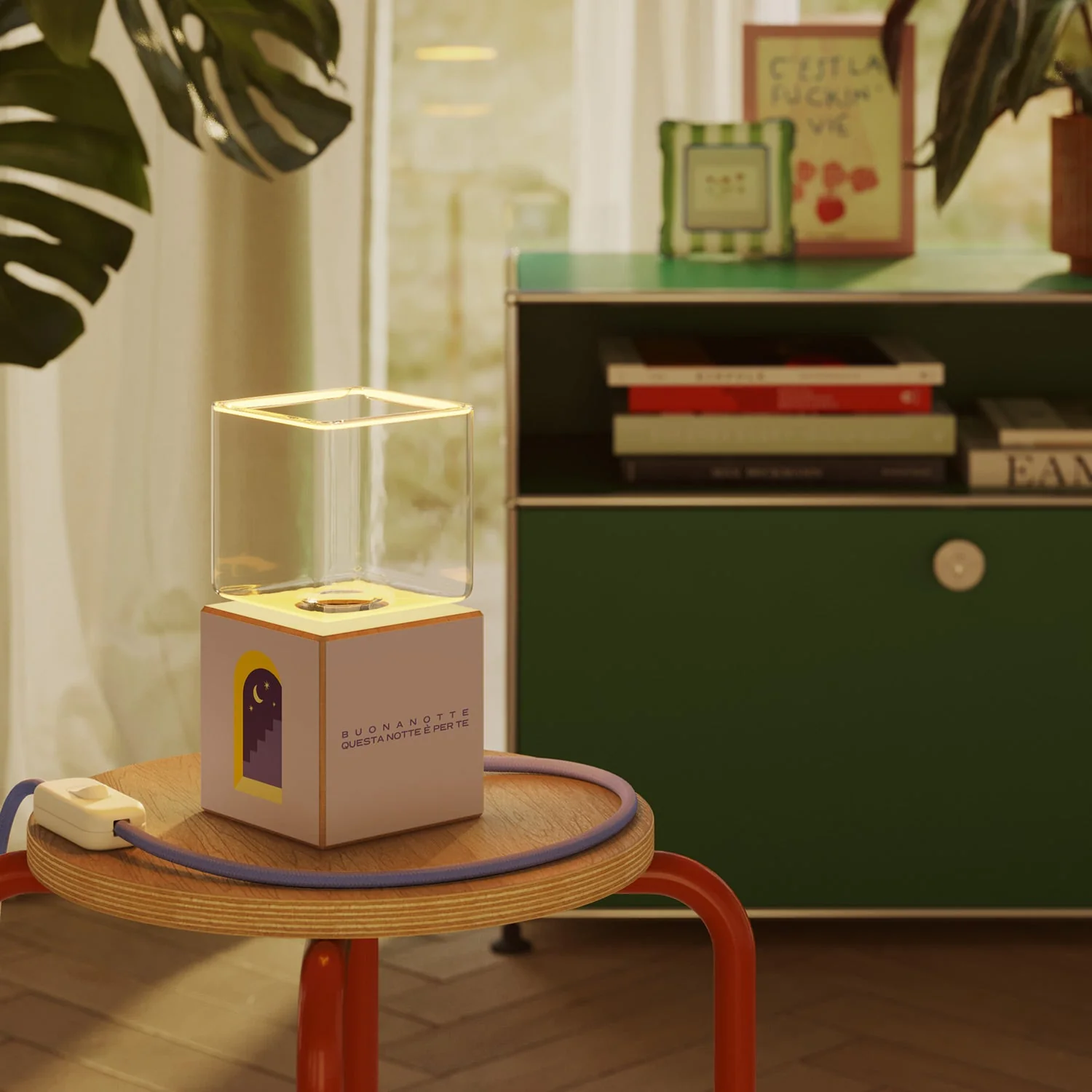 Cubetto table lamp with US plug, "Goodnight little flower" Ghost bulb - Santomanifesto - Image 2