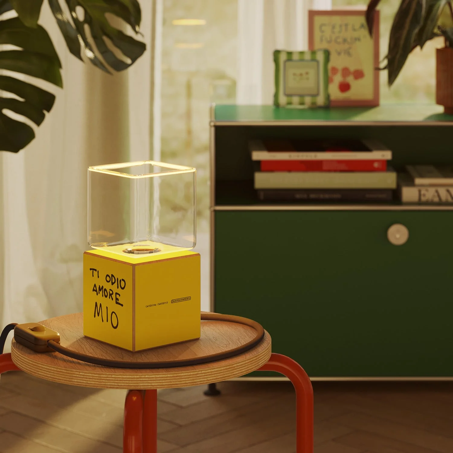 Cubetto table lamp with US plug, “Ti odio amore mio” Ghost bulb - Santomanifesto - Image 2