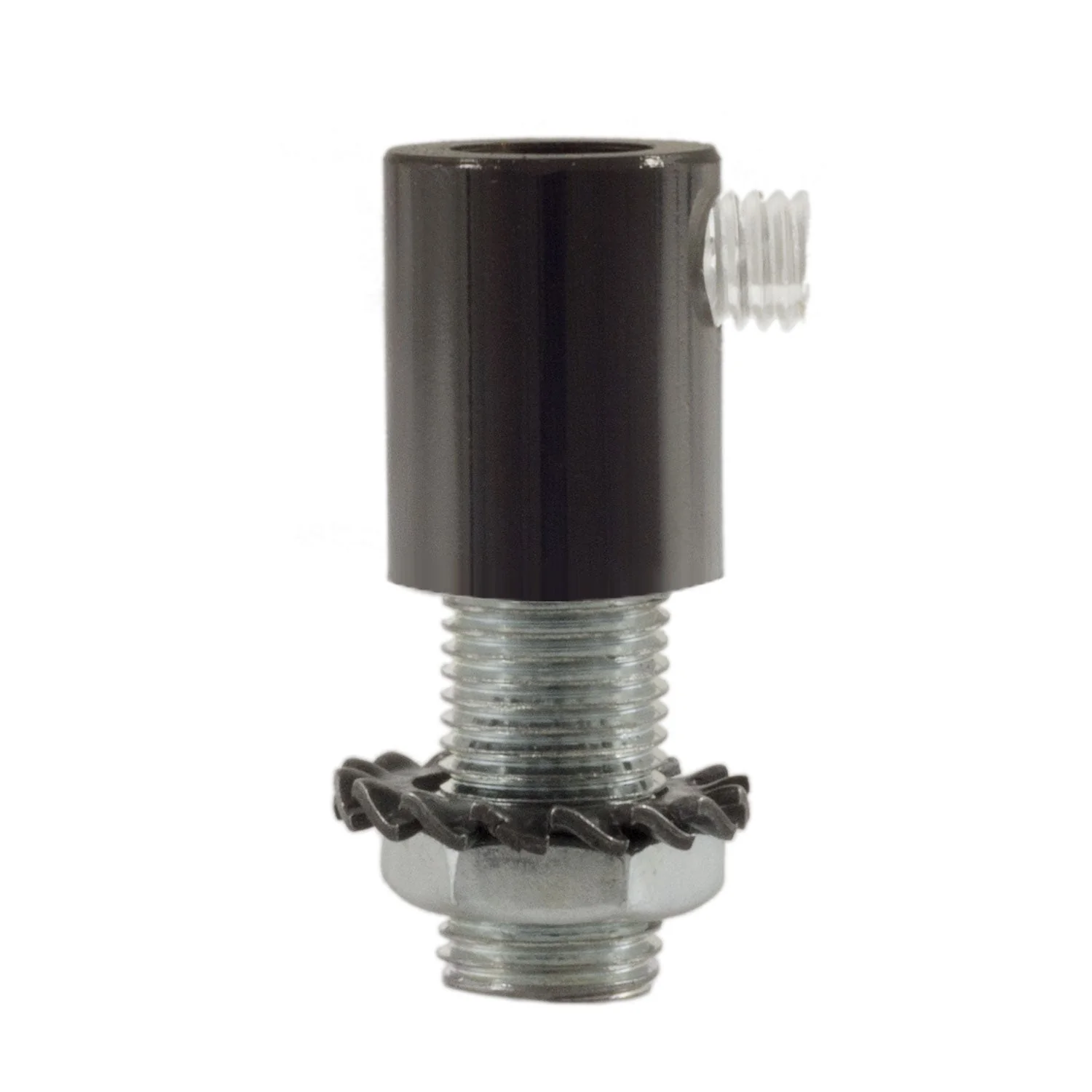 Cylindrical metal strain relief complete with rod, nut, and washer - Pearl Black