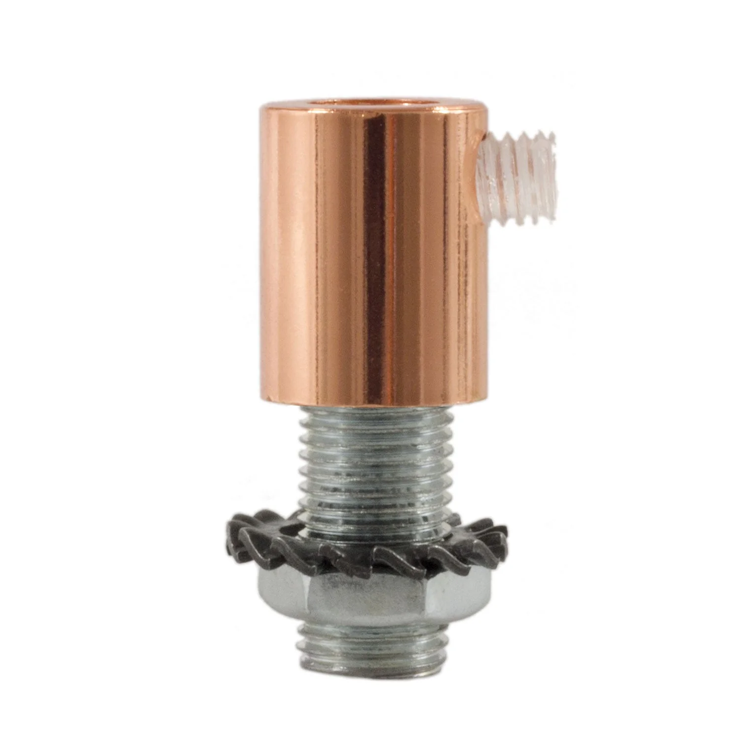 Cylindrical metal strain relief complete with rod, nut, and washer - Copper