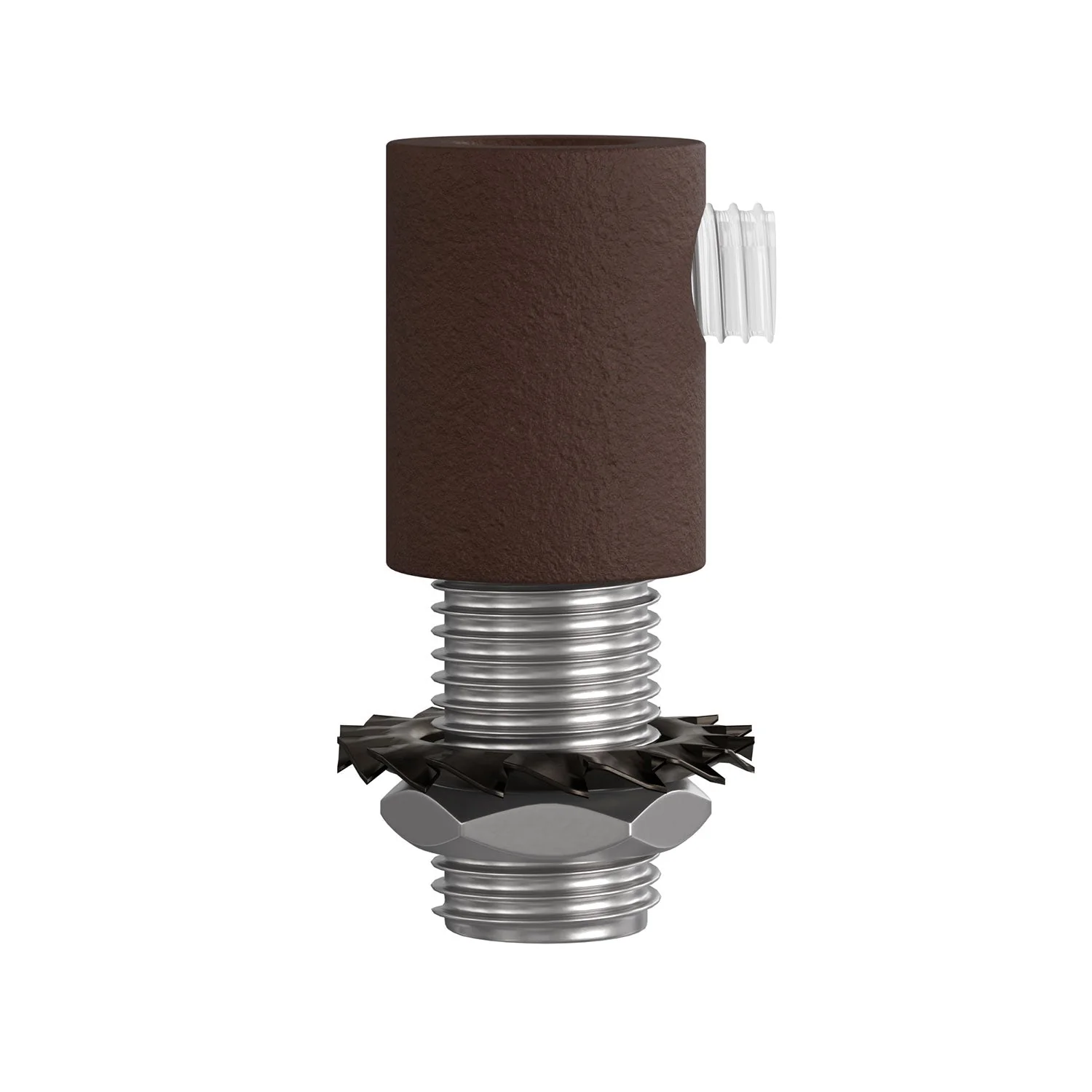 Cylindrical metal strain relief complete with rod, nut, and washer - Dark rust painted