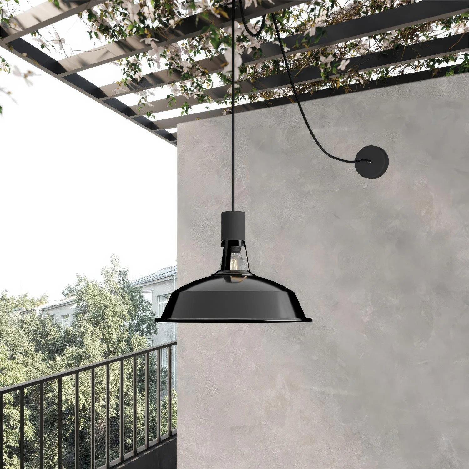 EIVA outdoor pendant lamp with lampshade, textile cable, decentralizer, canopy and socket for wet locations - Black - Image 2