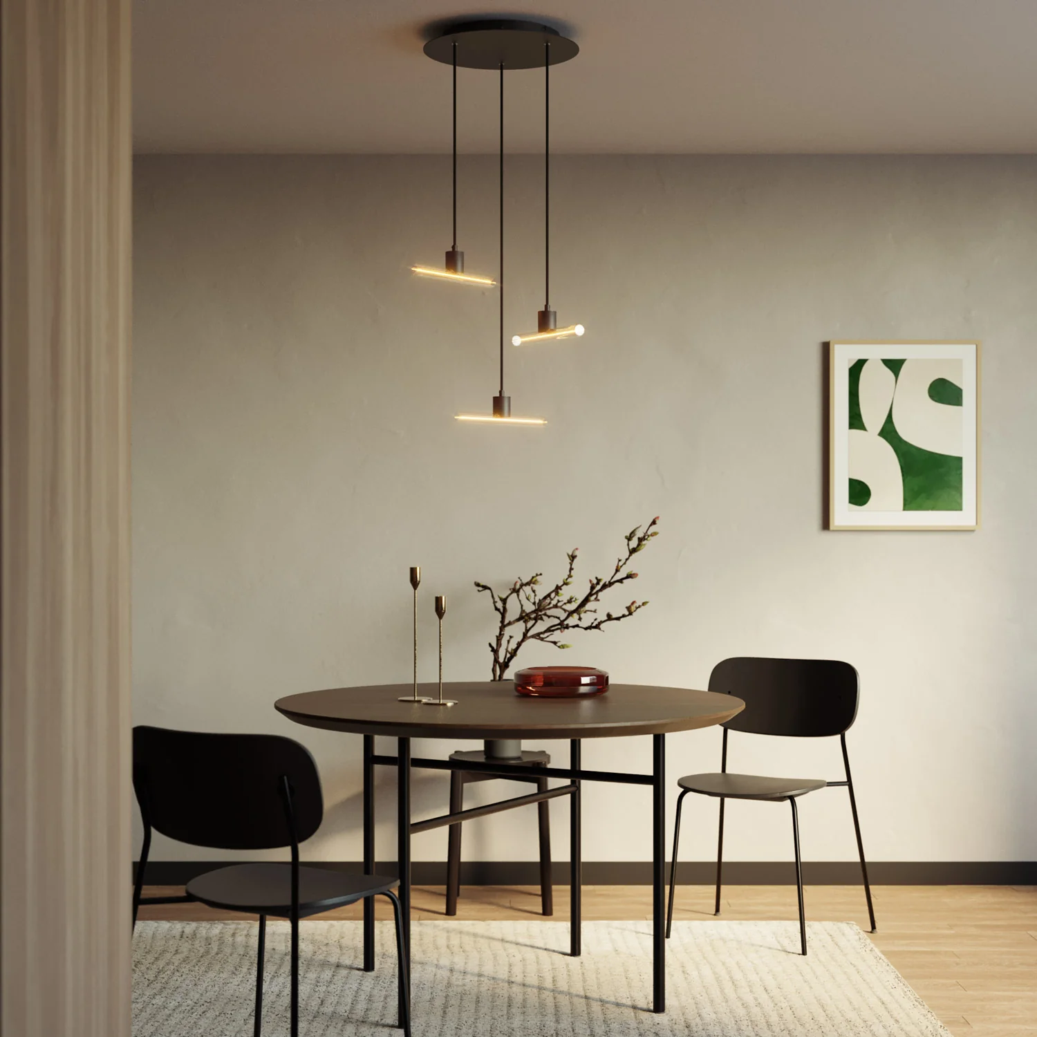 Esse14 3-Drop Asymmetrical Pendant Light with Rose-One, complete with fabric cord and metal finishes - Black - Image 2