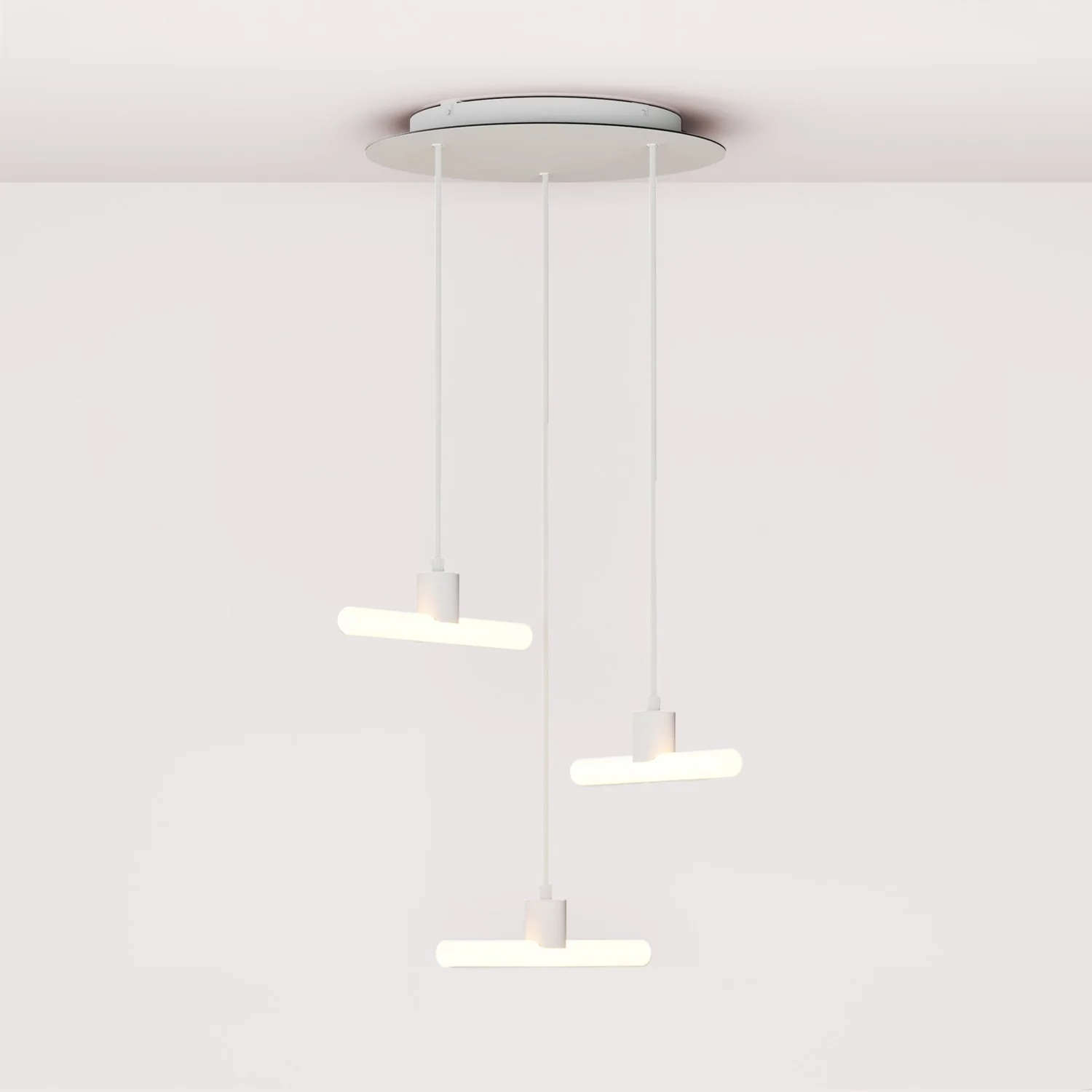 Esse14 3-Drop Asymmetrical Pendant Light with Rose-One, complete with fabric cord and metal finishes - White