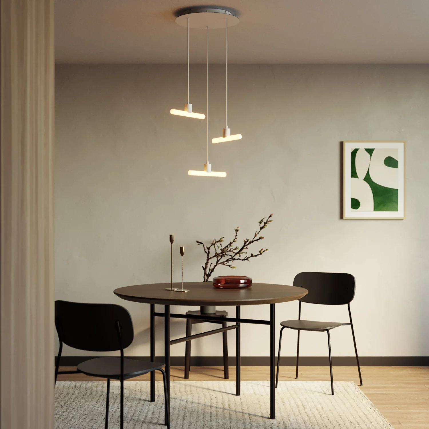 Esse14 3-Drop Asymmetrical Pendant Light with Rose-One, complete with fabric cord and metal finishes - White - Image 2