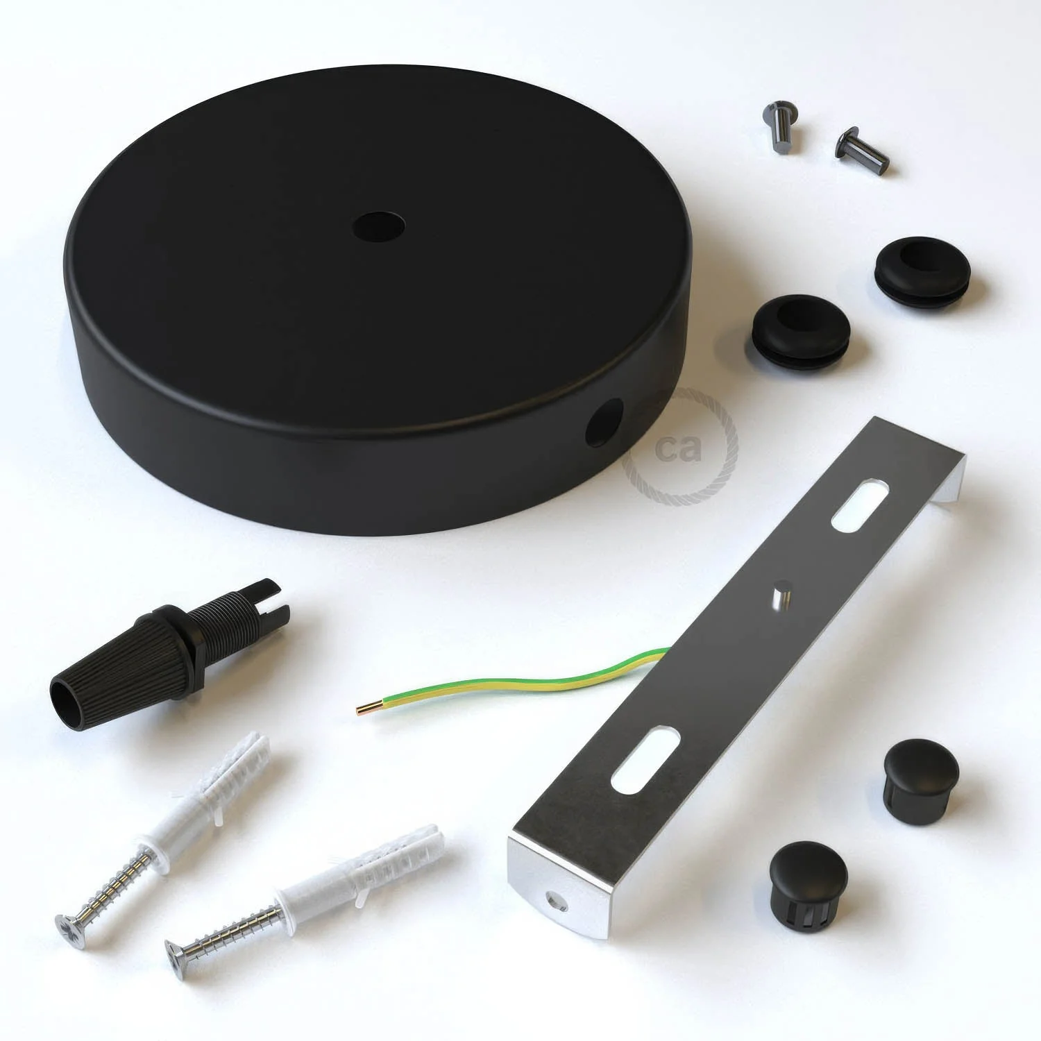 Cylindrical ceiling canopy kit in metal with 1 central hole and 2 side holes - Black - Image 3