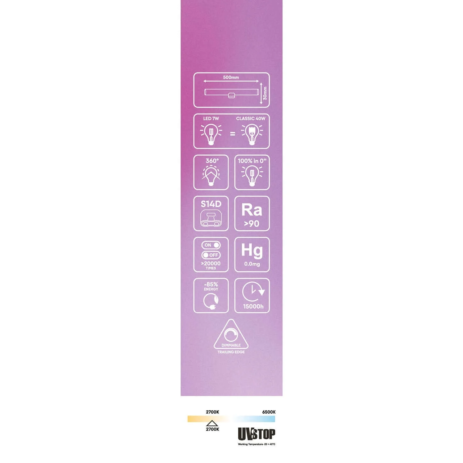 Porcelain Effect LED light bulb CRI 90 Linear S14d - length 500 mm 7W 560Lm 2700K Dimmable - S12 - Image 6