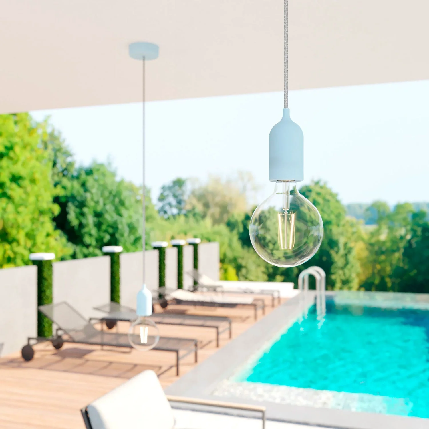 Modulair PASTEL Outdoor lamp with 1.5 m textile cord, ceiling canopy and silicone socket IP65 waterproof - Powder blue - Image 2