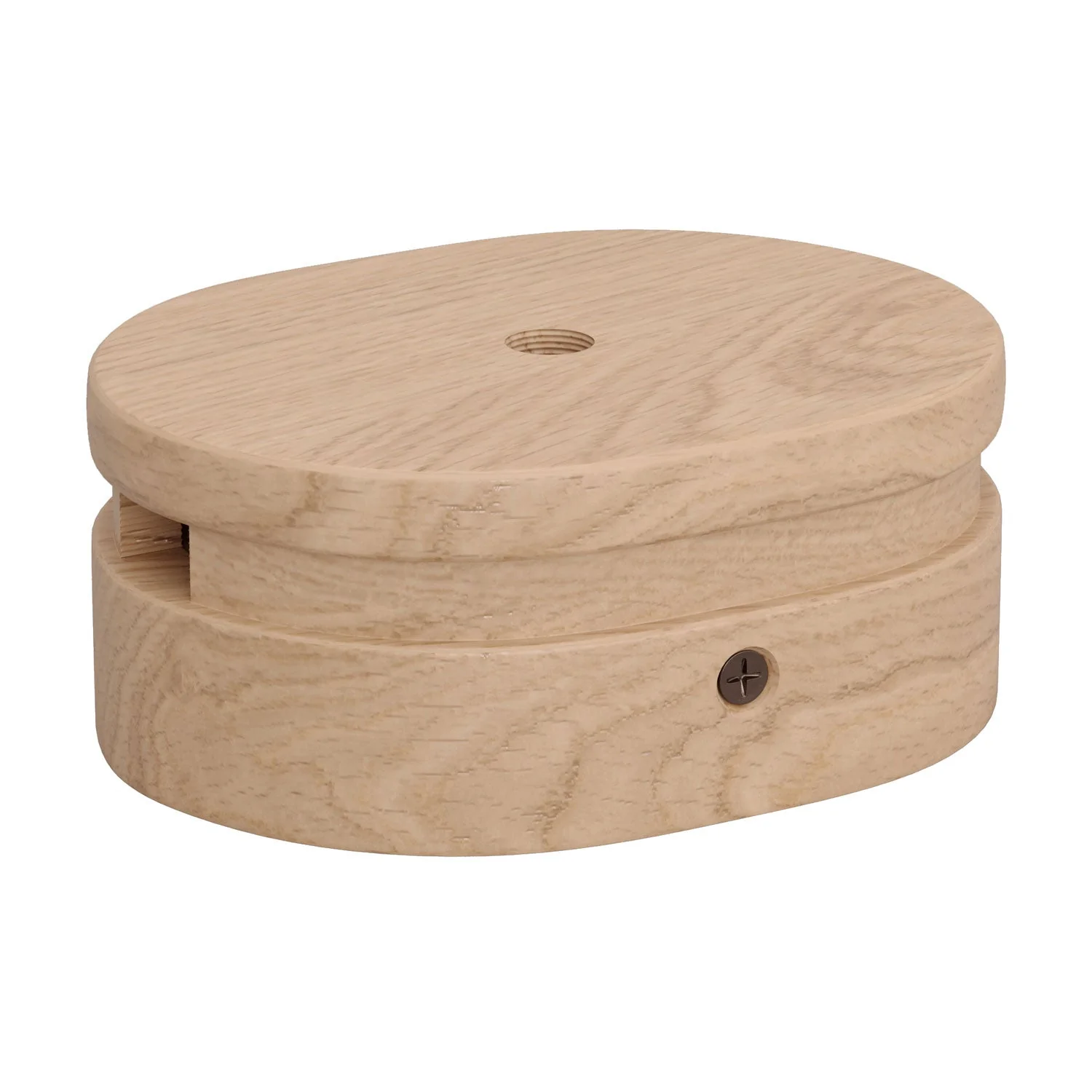 Oval wooden ceiling canopy with a central hole and 2 side holes for cord for string lights and Filé system. Made in Italy - Neutral - Image 3