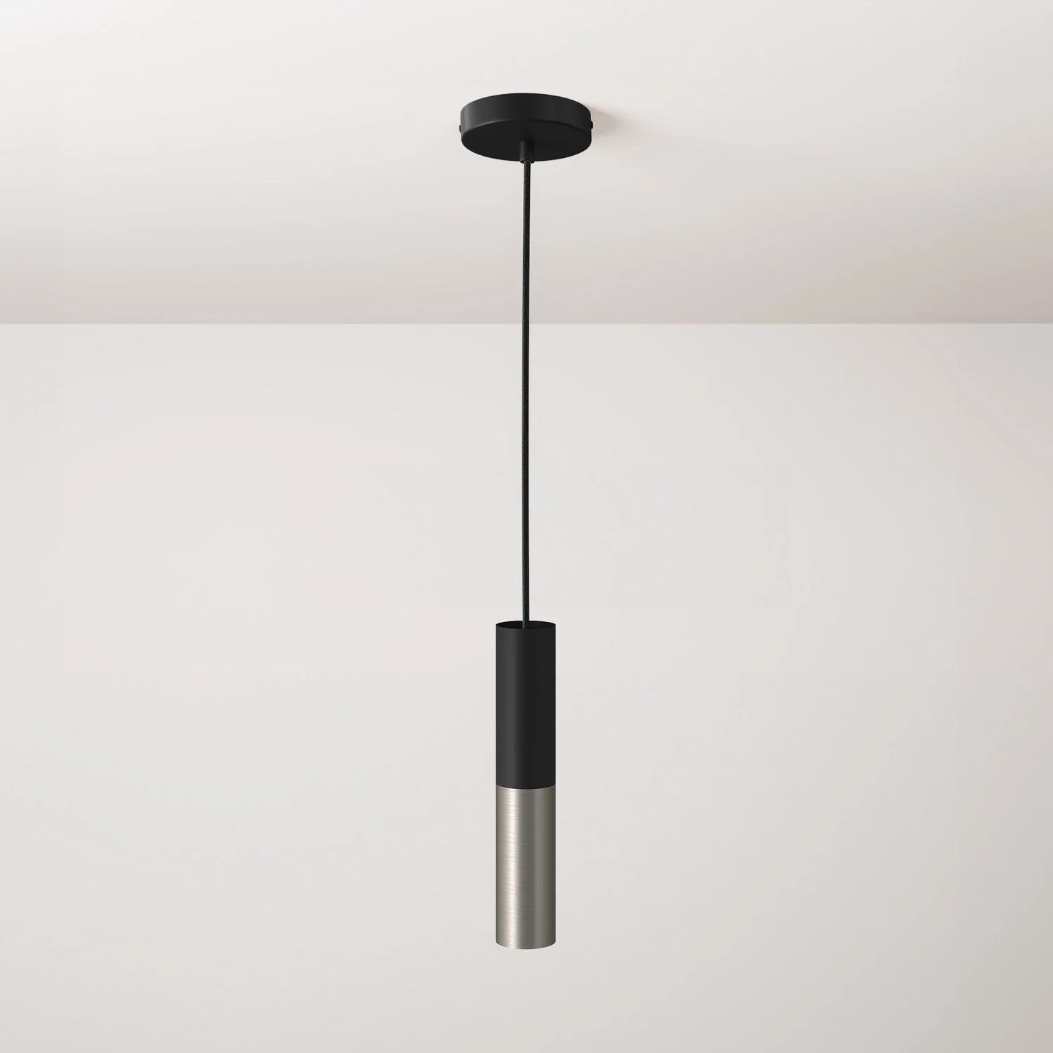 Pendant lamp complete with fabric cable and Tub-E12 double lampshade - Black and Brushed Titanium