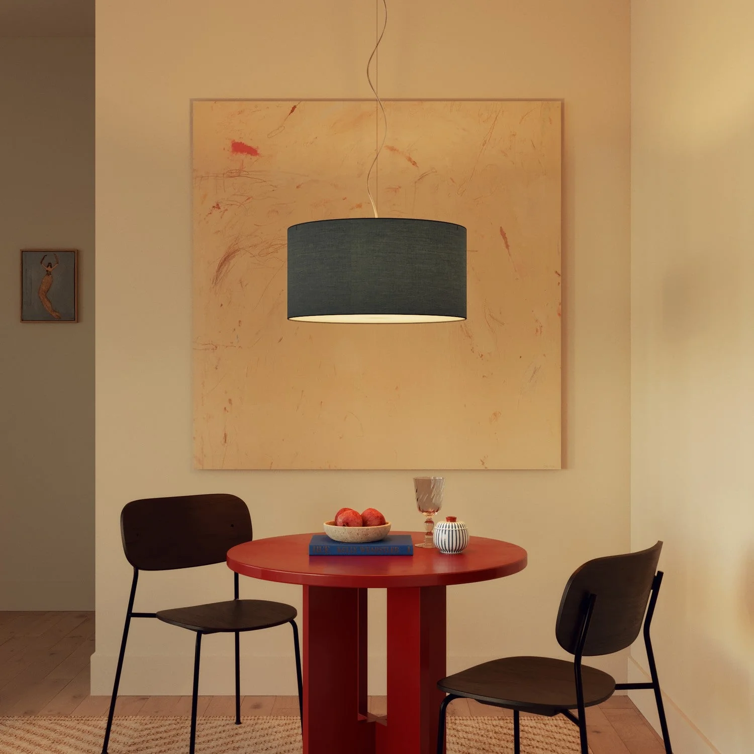 Pendant lamp with Cilindro Medium Lampshade in Teletta Severe Blue fabric - Made in Italy - Image 2