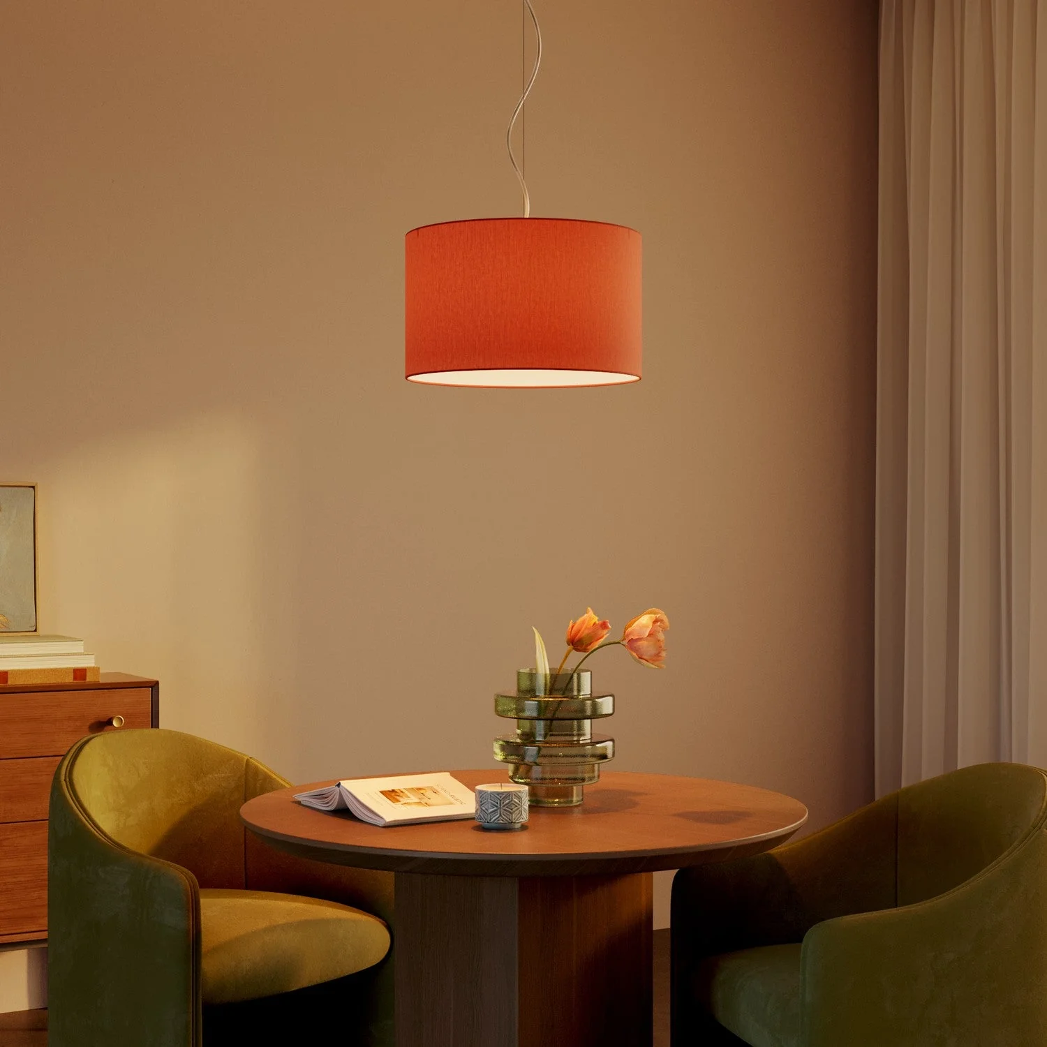 Pendant lamp with Cilindro Small Cinette fabric lampshade in lobster color - Made in Italy - Image 2