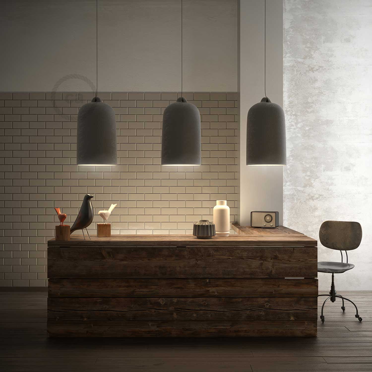 Pendant lamp with textile cable and Bell XL ceramic lampshade - Cement effect - Image 3