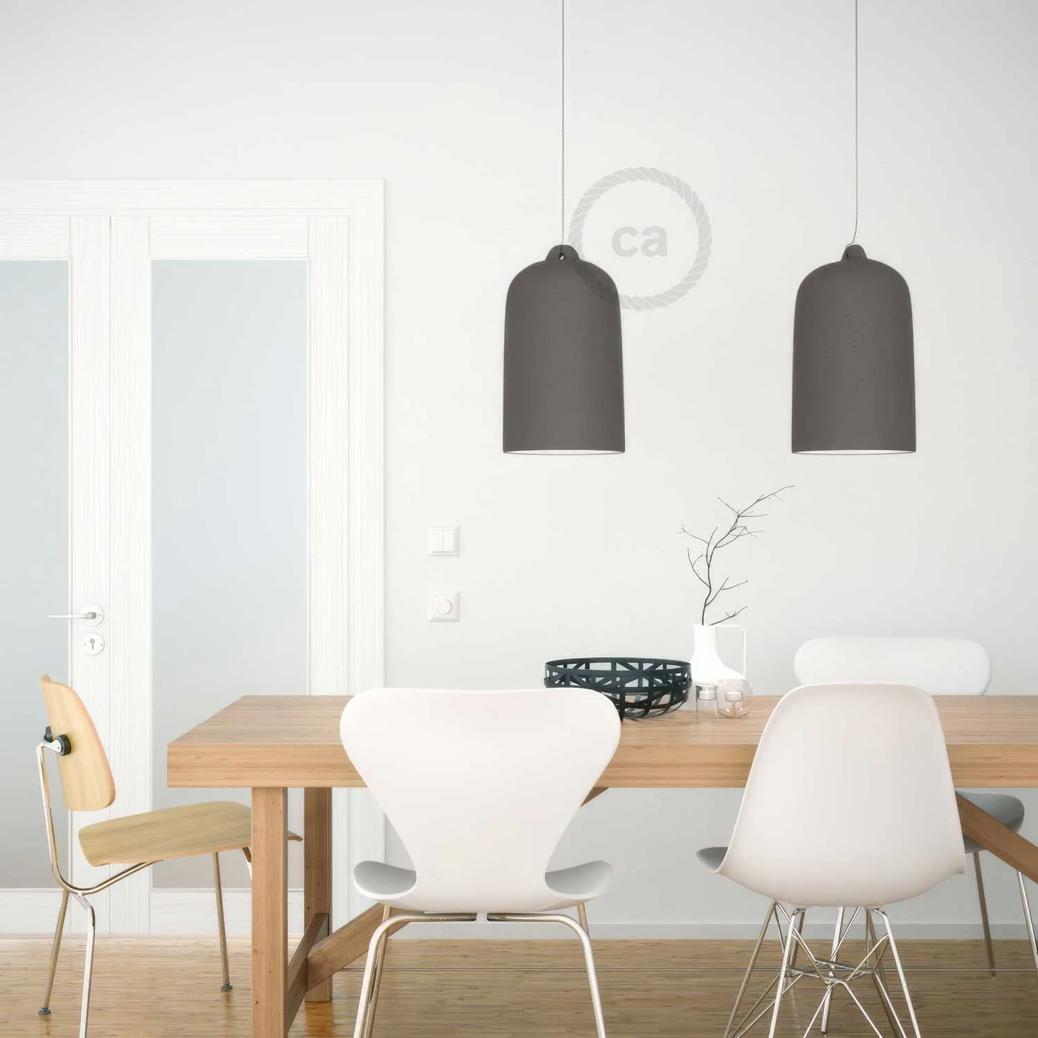 Pendant lamp with textile cable and Bell XL ceramic lampshade - Cement effect - Image 4