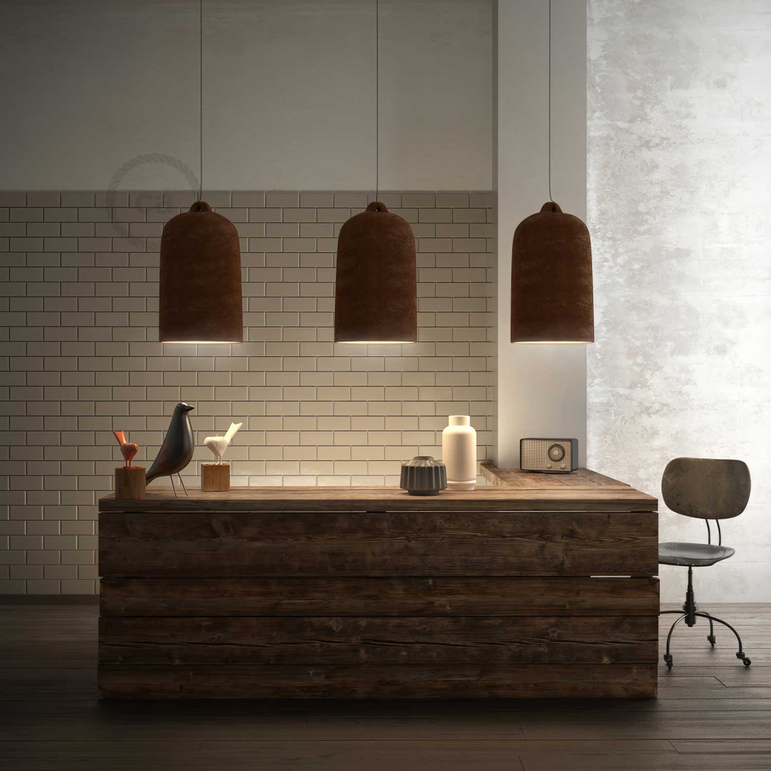 Pendant lamp with textile cable and Bell XL ceramic lampshade - Corten effect - Image 3