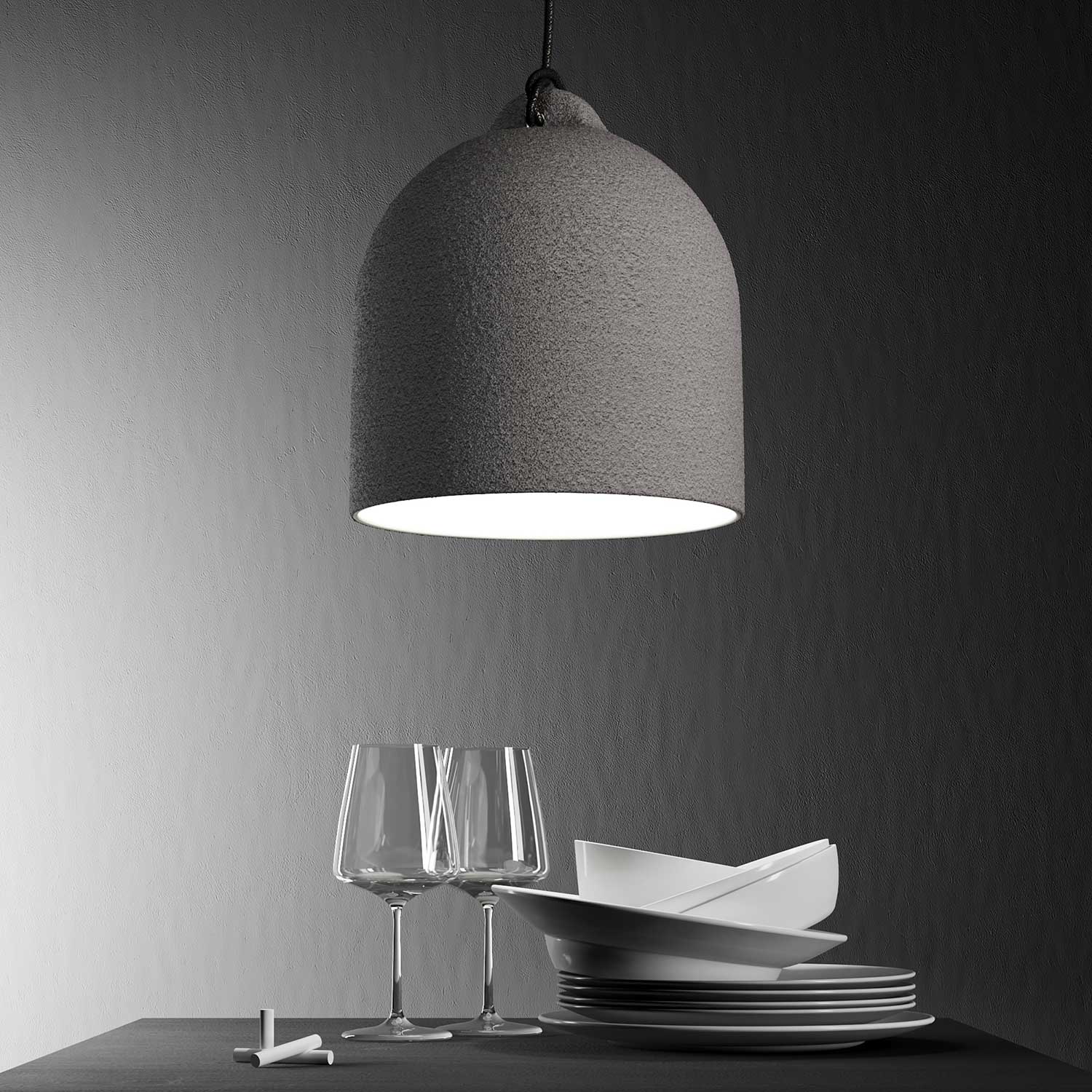Pendant lamp with textile cable and Bell M ceramic lampshade - Cement effect - Image 3