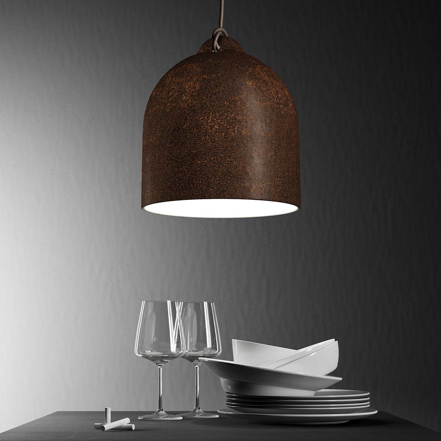 Pendant lamp with textile cable and Bell M ceramic lampshade - Corten effect - Image 3