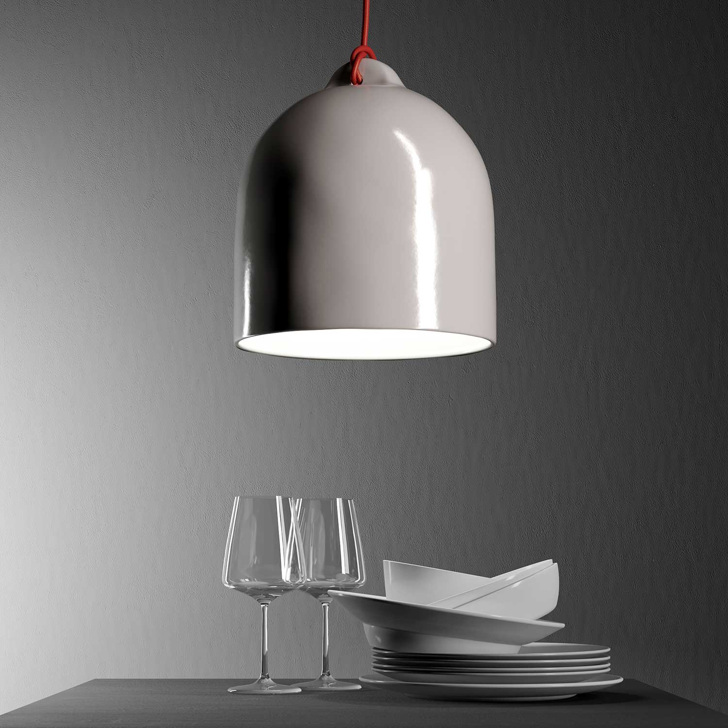 Pendant lamp with textile cable and Bell M ceramic lampshade - Glossy white - Image 3