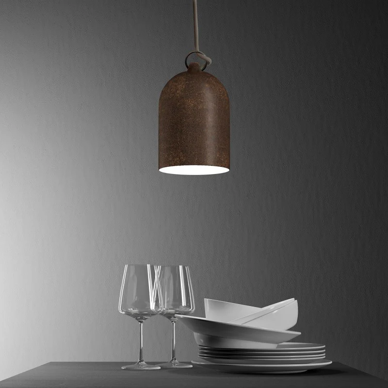 Pendant lamp with fabric cable and Mini Bell XS ceramic lampshade - Corten effect - Image 3