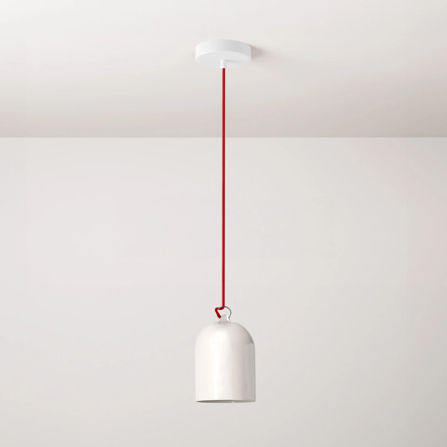 Pendant lamp with fabric cable and Mini Bell XS ceramic lampshade - Glossy white