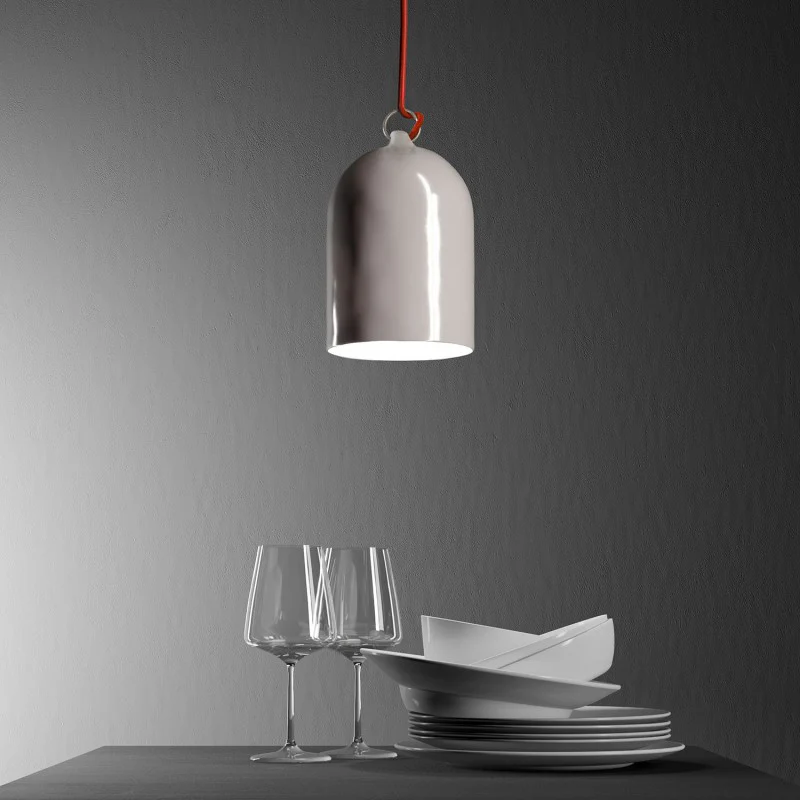 Pendant lamp with fabric cable and Mini Bell XS ceramic lampshade - Glossy white - Image 3