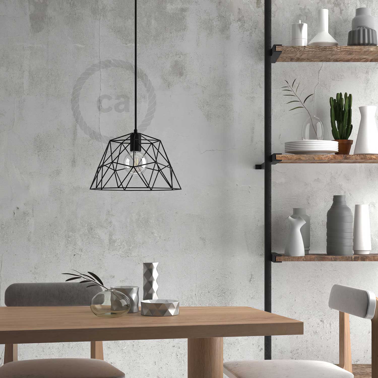 Pendant lamp with textile cable, Dome lampshade and metal details - Black - Image 3