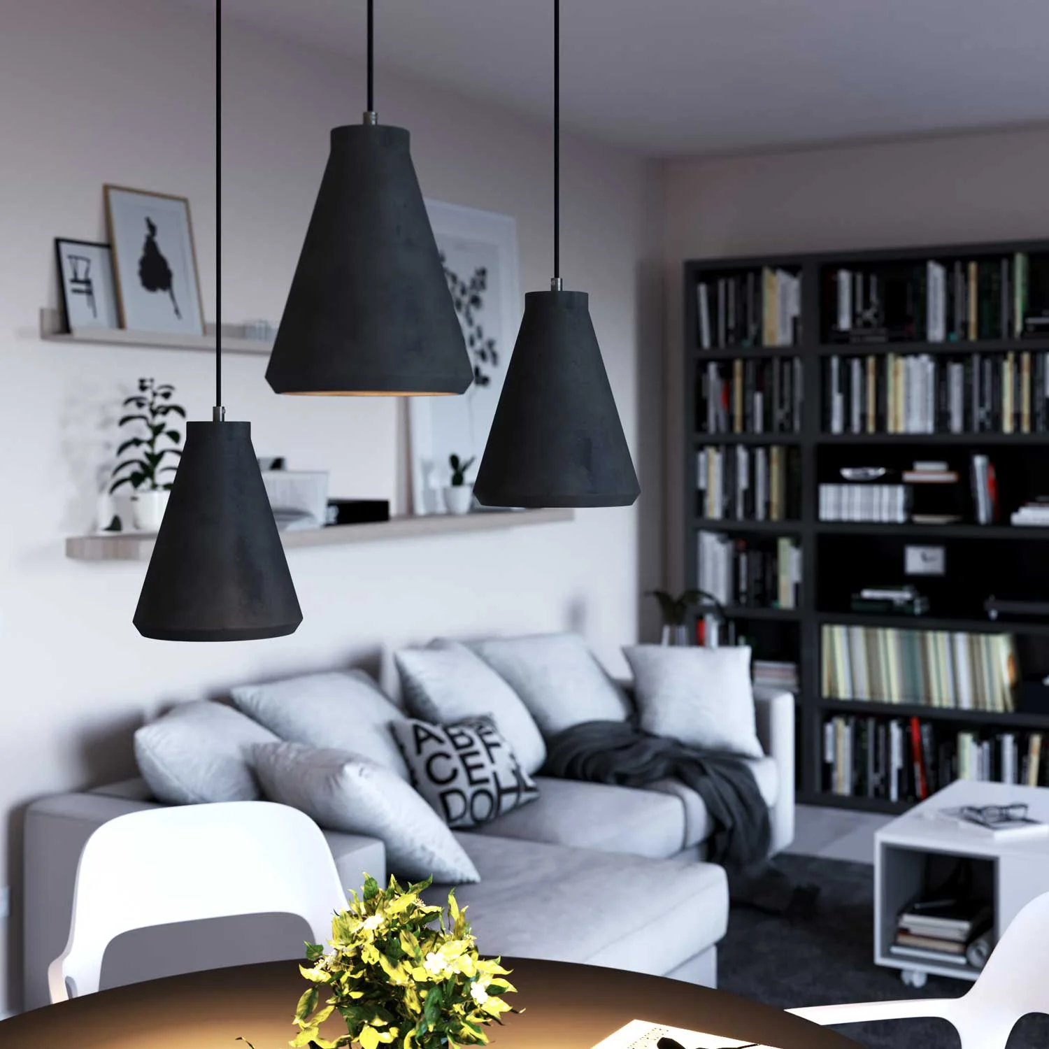 Pendant lamp with textile cable, Funnel cement lampshade and metal details - Dark Cement - Image 3