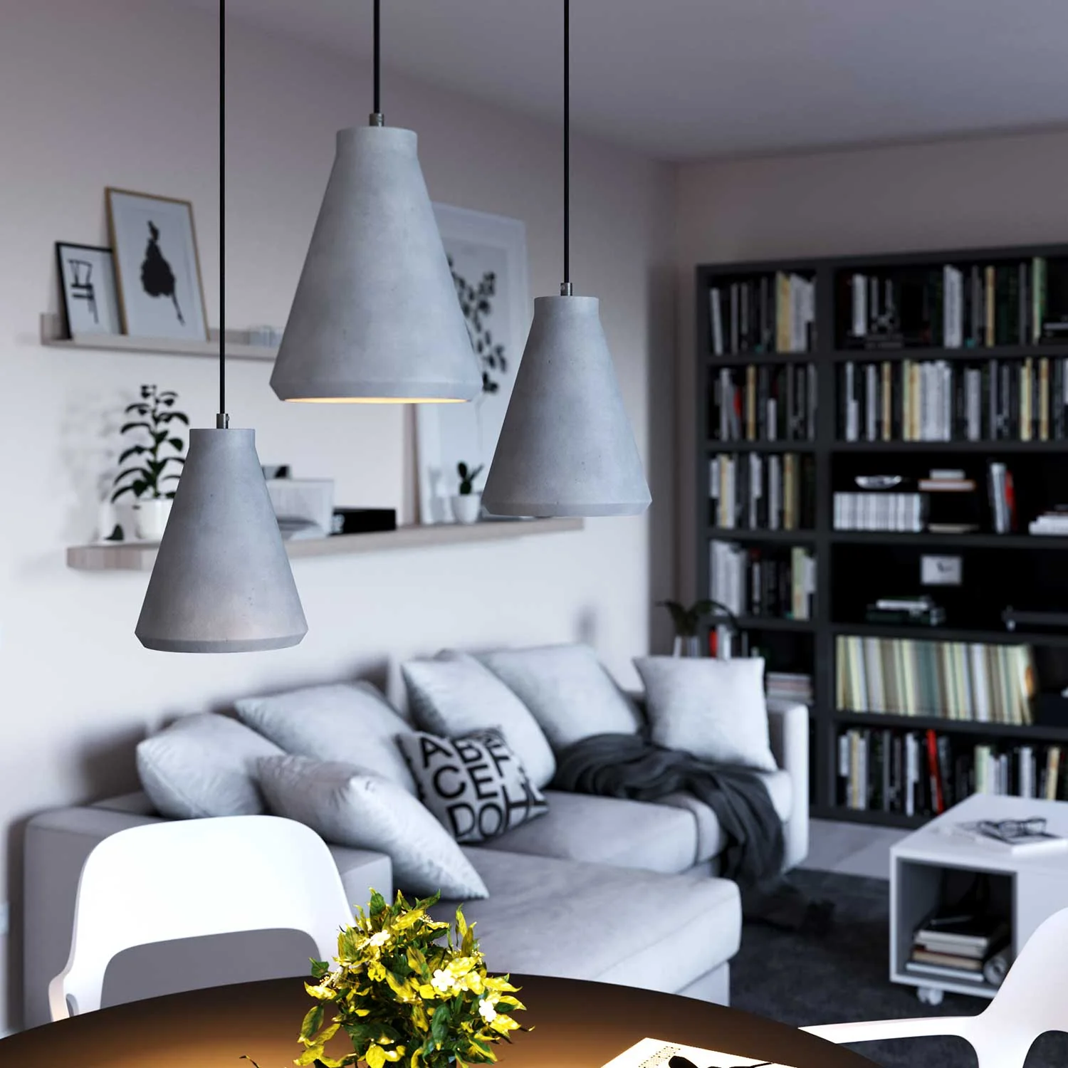 Pendant lamp with textile cable, Funnel cement lampshade and metal details - Light cement - Image 3