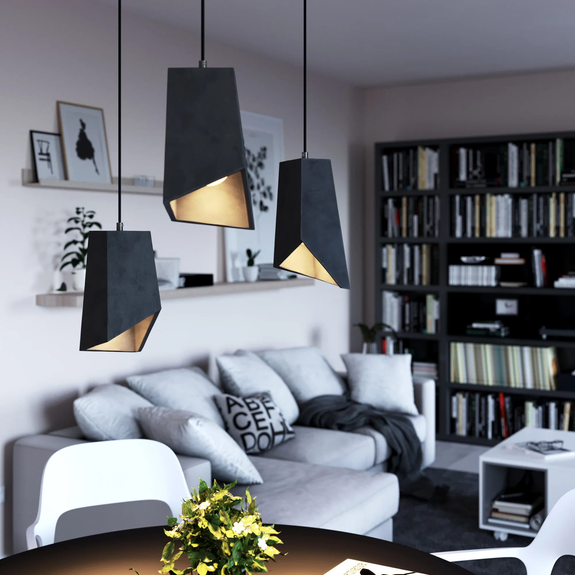 Pendant lamp with textile cable, Prisma cement lampshade and metal details – Dark cement - Image 2