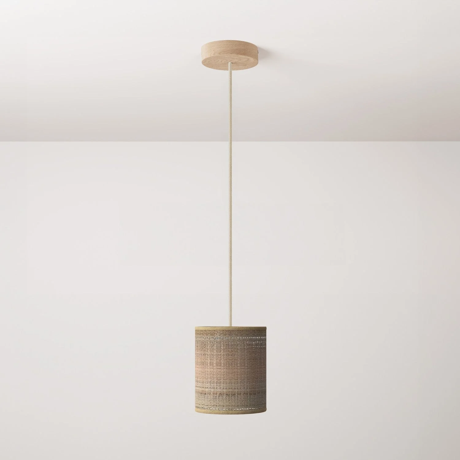 Pendant lamp with textile cable, raffia Cylinder lampshade and metal details - Natural Raffia