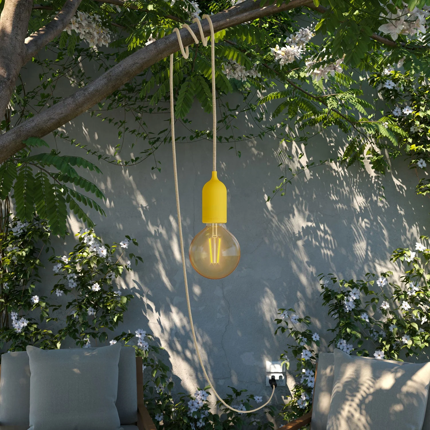 Snake Modulair Pastel, portable outdoor lamp, 5 m fabric cord, IP65 socket and UK plug - Mustard - Image 2