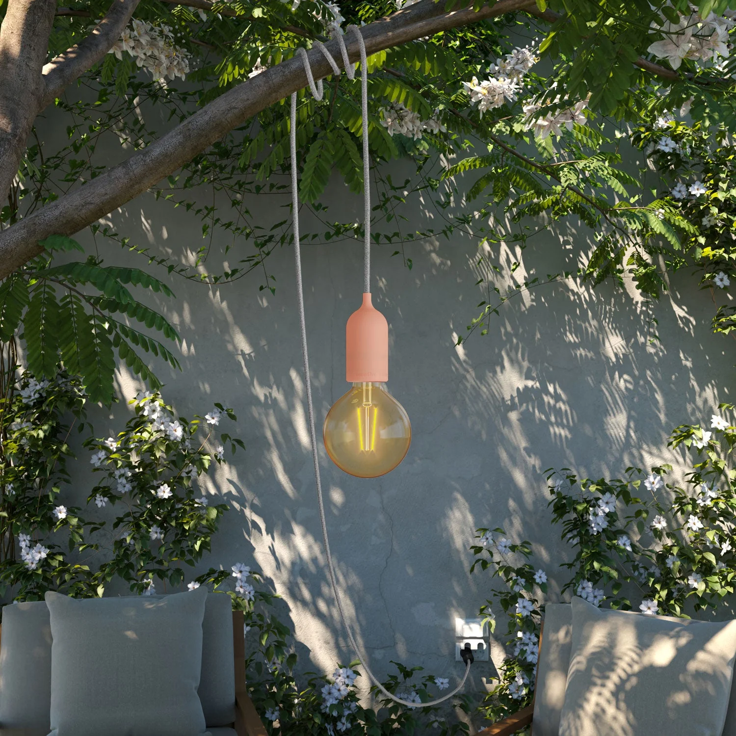Snake Modulair Pastel, portable outdoor lamp, 5 m fabric cord, IP65 socket and UK plug - Salmon - Image 2