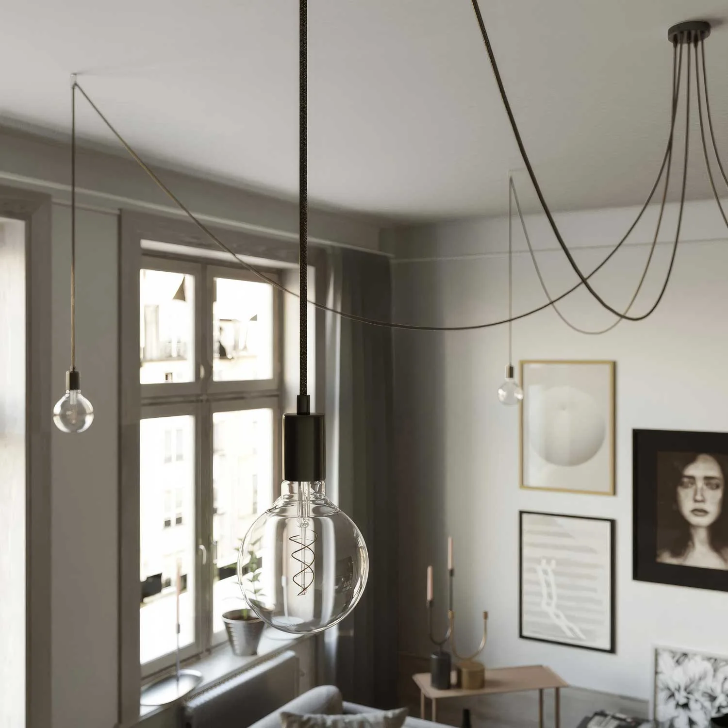 Spider - Multiple pendant lamp with 5 drops, metal finish - Black pearl - Image 2