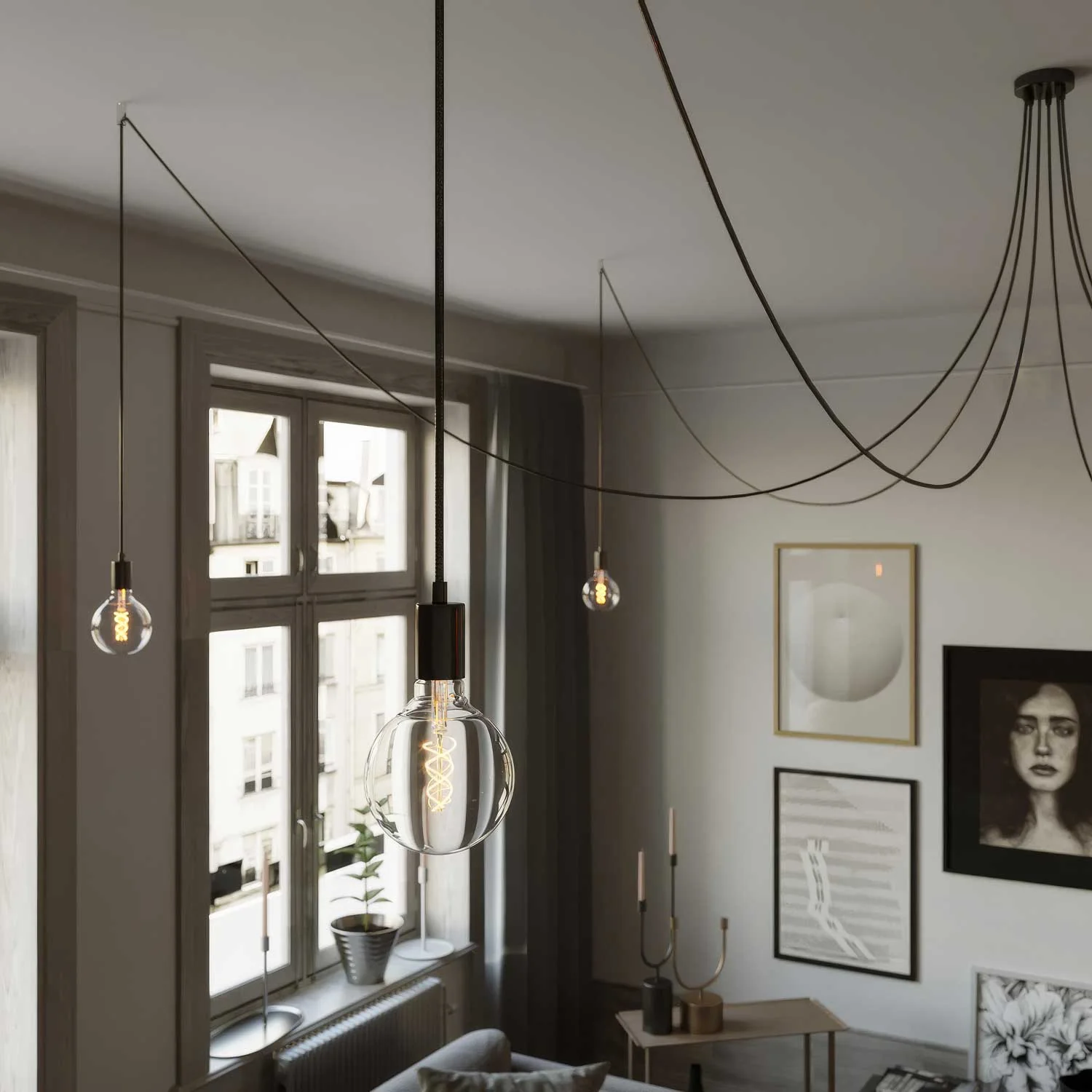 Spider - Multiple pendant lamp with 6 drops, metal finish - Black pearl - Image 2