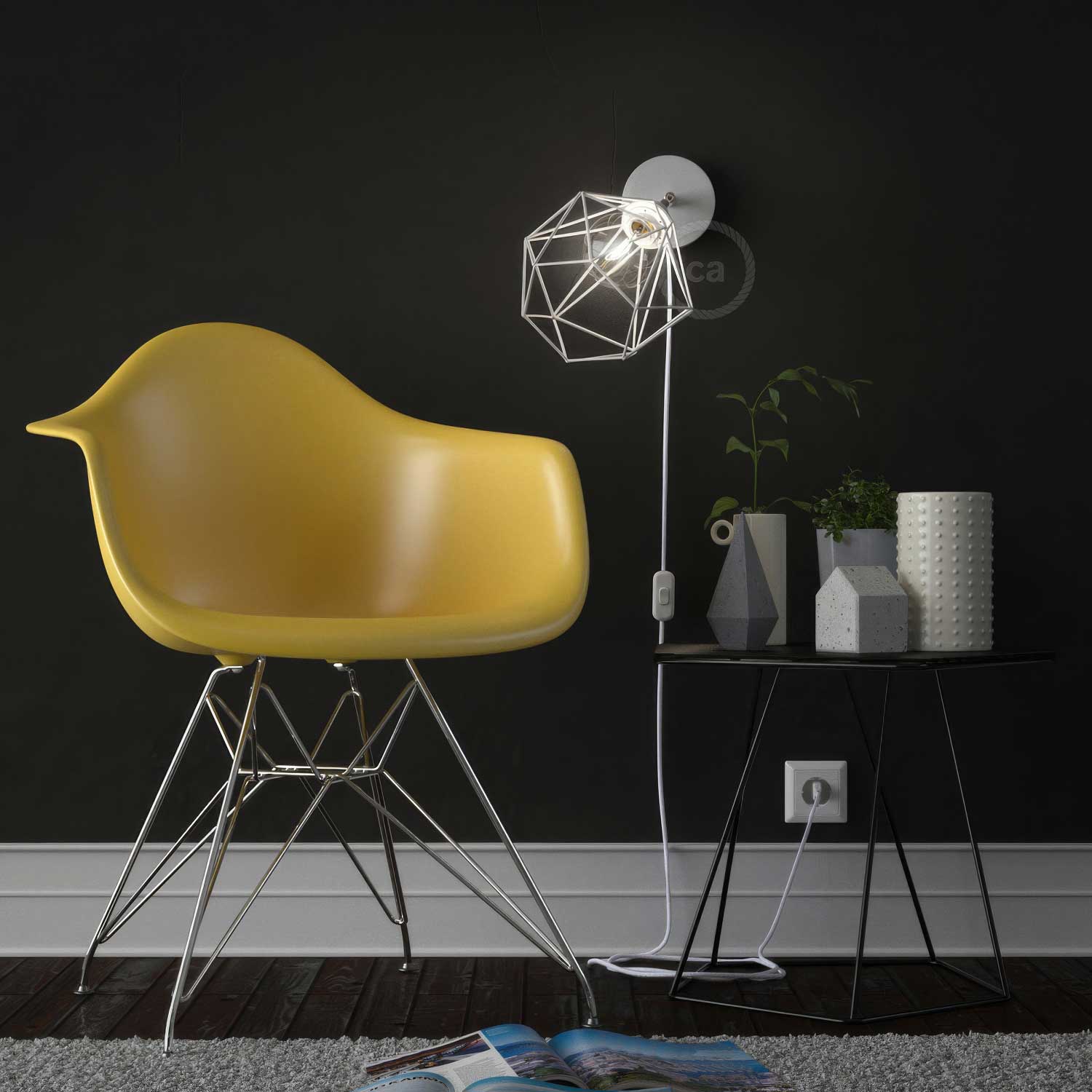 Spostaluce 90° adjustable metal, complete with E27 threaded socket, fabric cord, and side holes - White - Image 3