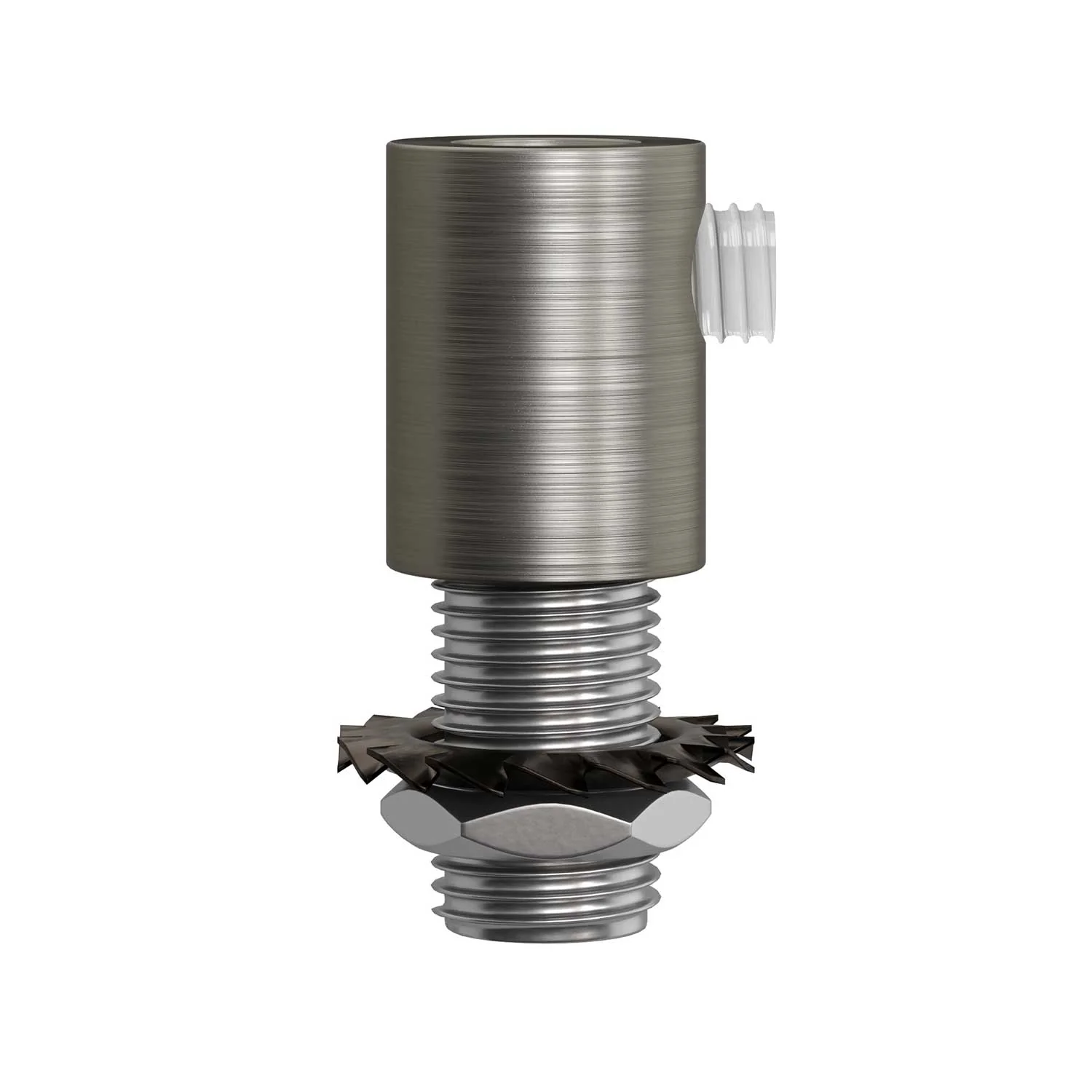 Cylindrical metal strain relief complete with stem, nut, and washer - Satin titanium