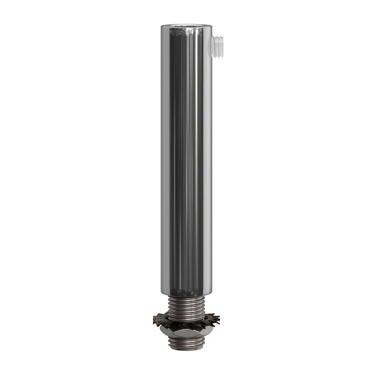 Cylindrical metal strain relief, 7 cm long, complete with rod, nut, and washer - Chrome