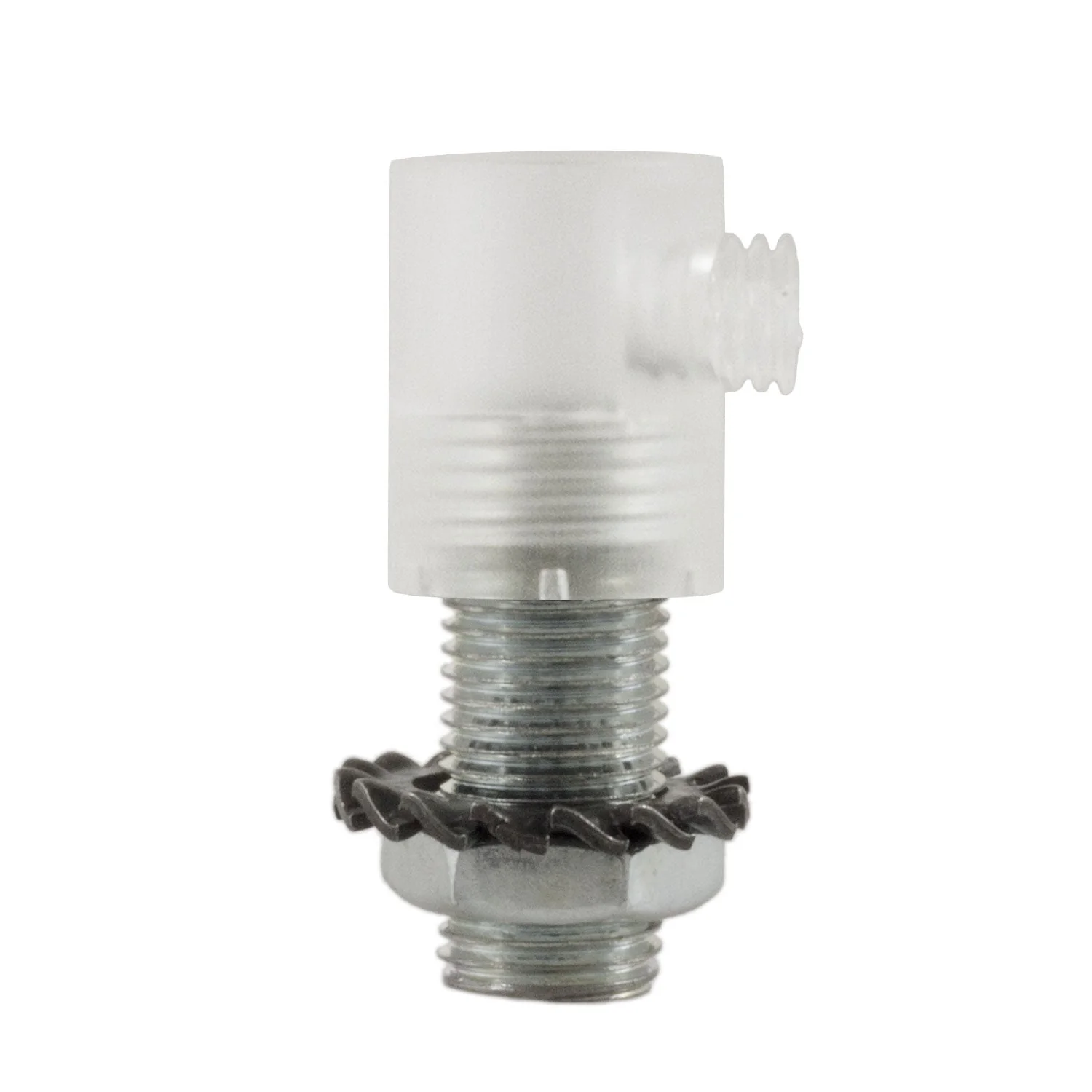 Cylindrical plastic strain relief complete with rod, nut, and washer - Transparent
