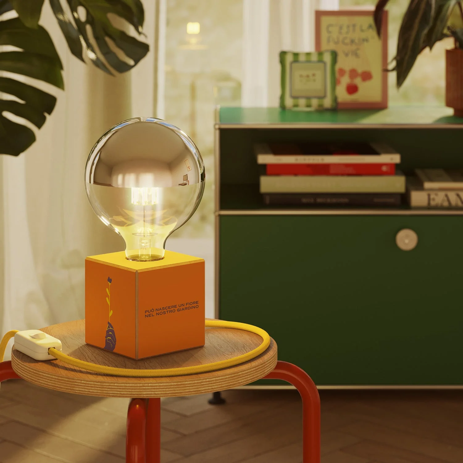 Cubetto table lamp "Può nascere un fiore" with UK plug and half-silver globe light bulb - Santomanifesto - Image 2