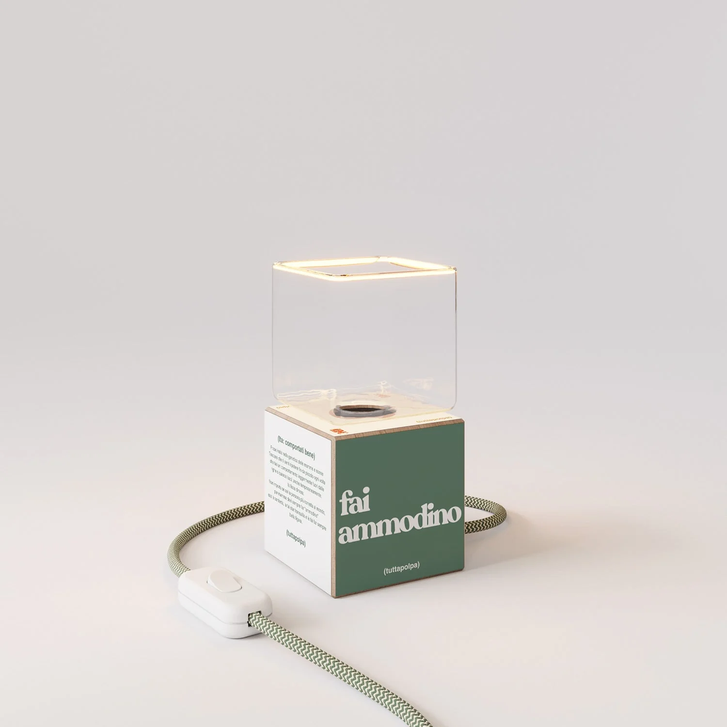 Cubetto table lamp "Fai ammodino" with English Plug and Ghost Light bulb - Tuttapolpa