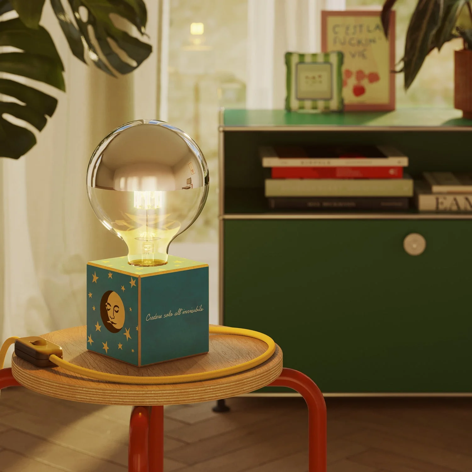 Cubetto Table Lamp "La Luna" with UK plug and silver half-sphere globe light bulb - Santomanifesto - Image 2